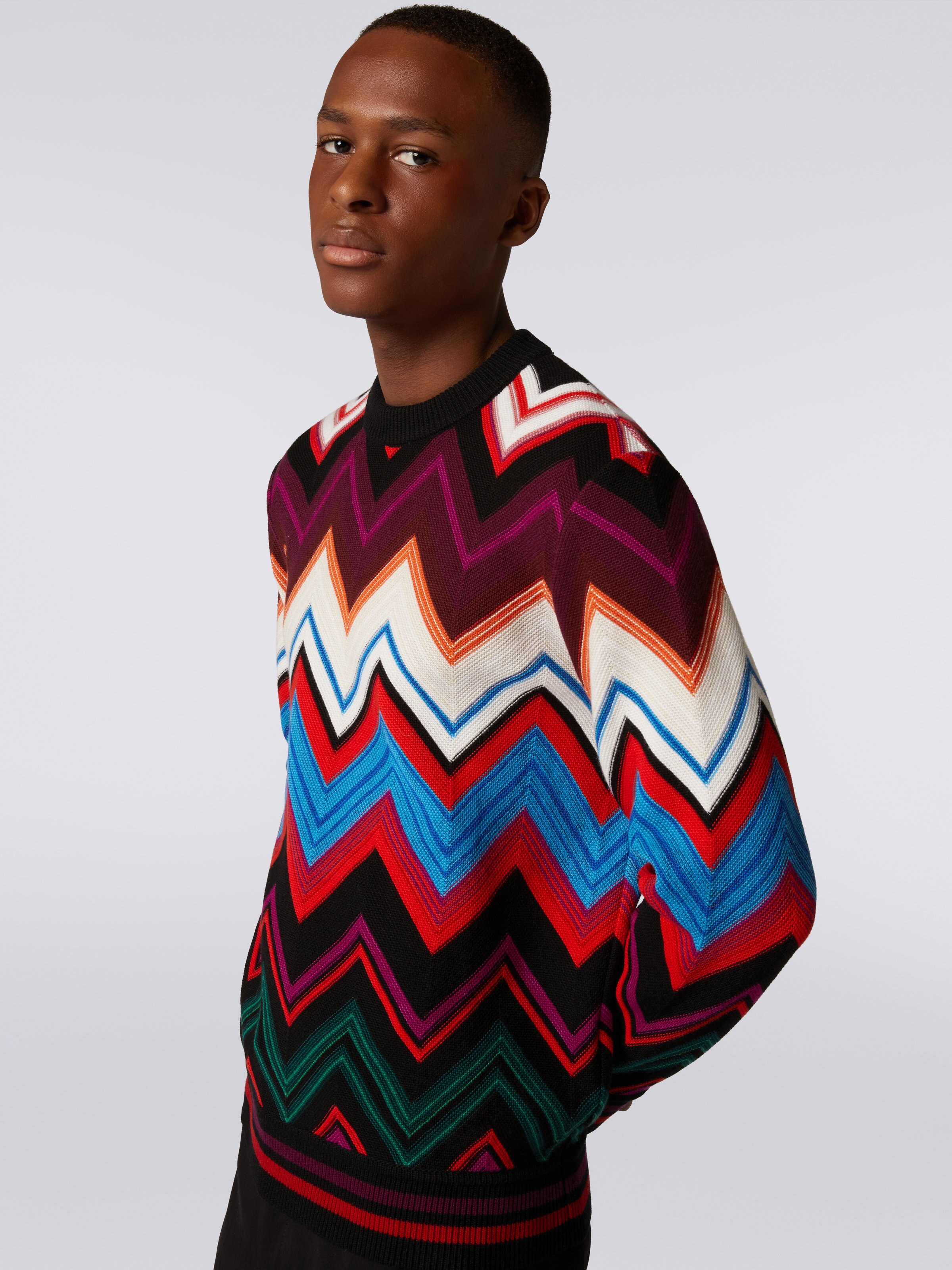 Crew-neck pullover in wool and cotton with zigzag, Multicoloured  - 4