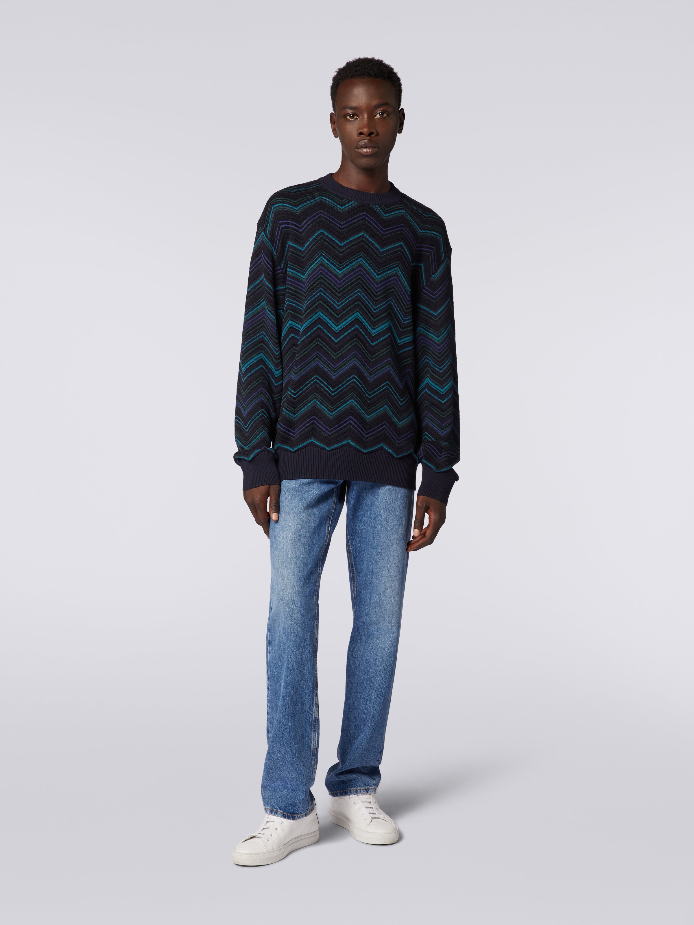 Jersey de cuello redondo en mezcla de algodón con motivo de espigas, Multicolor  - 1