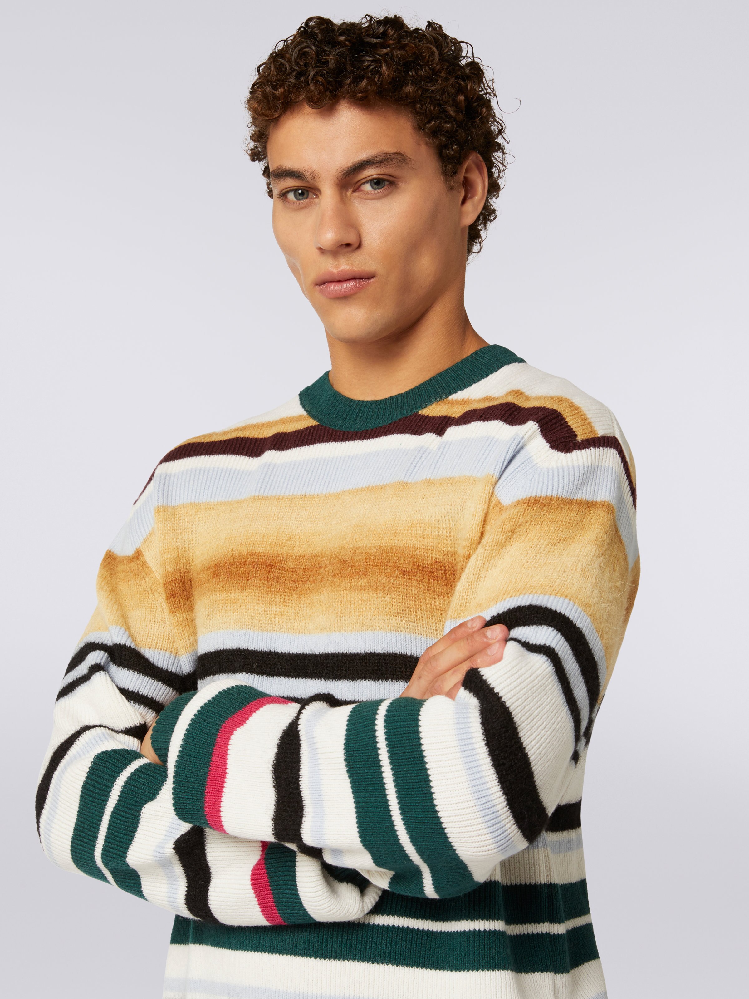Jersey de cuello redondo de mezcla de lana a rayas, Multicolor  - 4