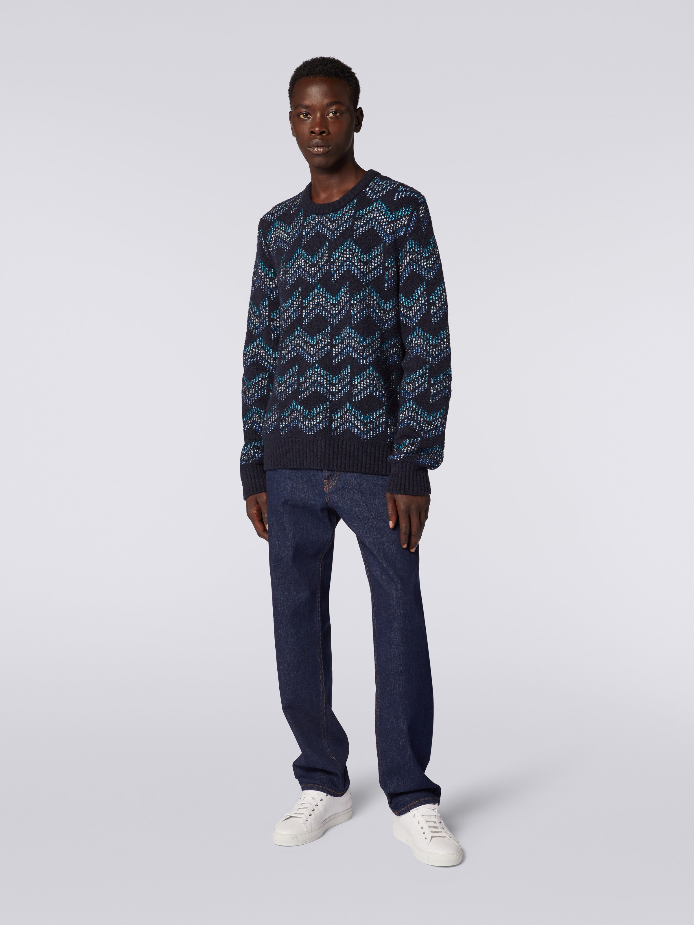 Cotton blend crew-neck sweater with zigzag pattern, White & Blue - 1