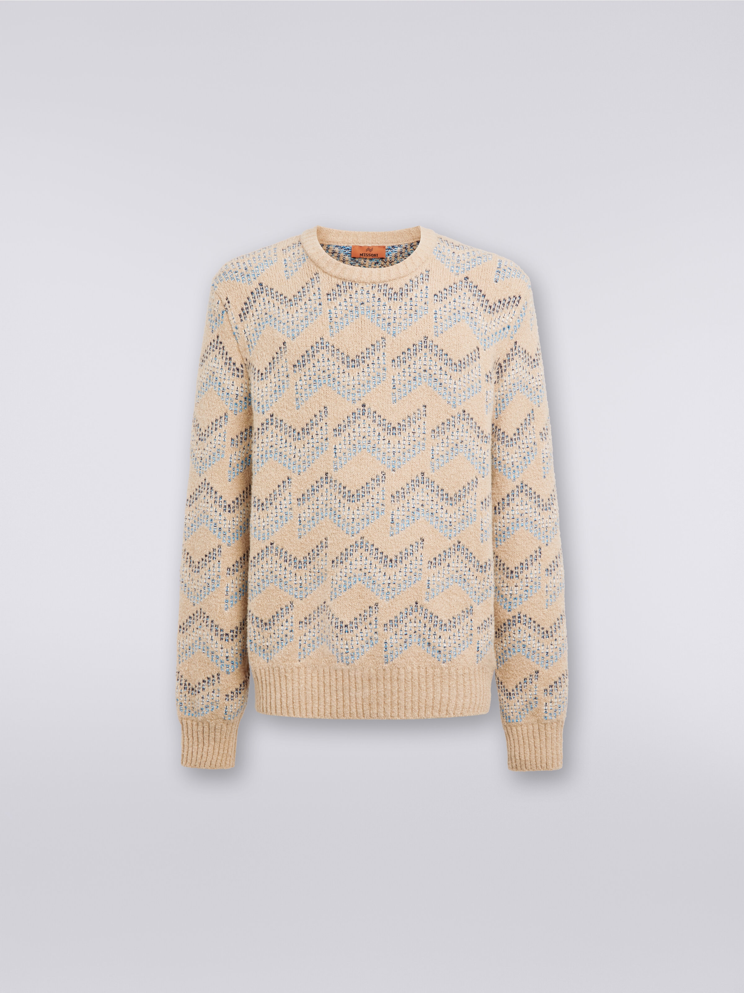 Cotton blend crew-neck sweater with zigzag pattern, Beige - 0