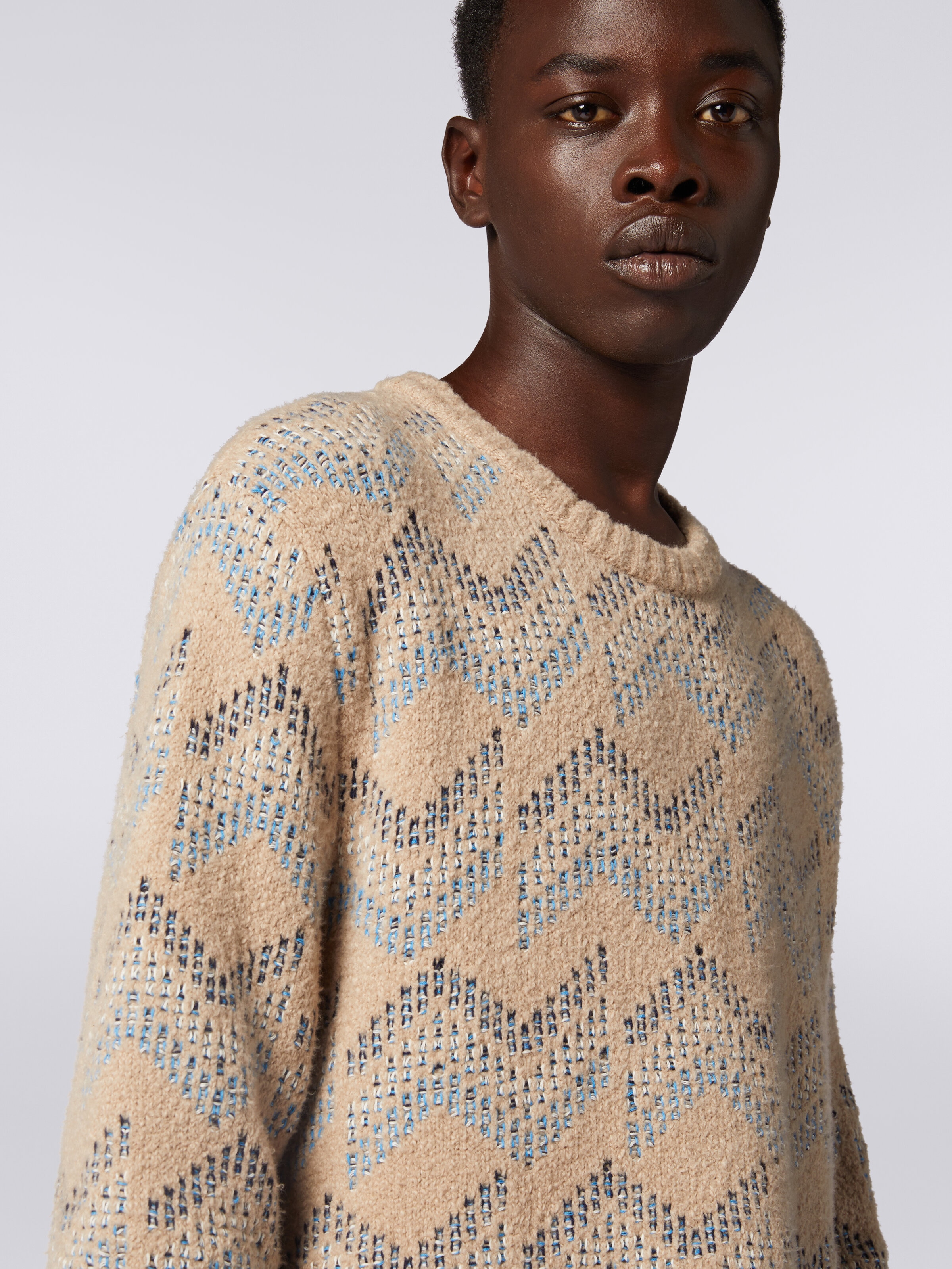 Cotton blend crew-neck sweater with zigzag pattern, Beige - 4
