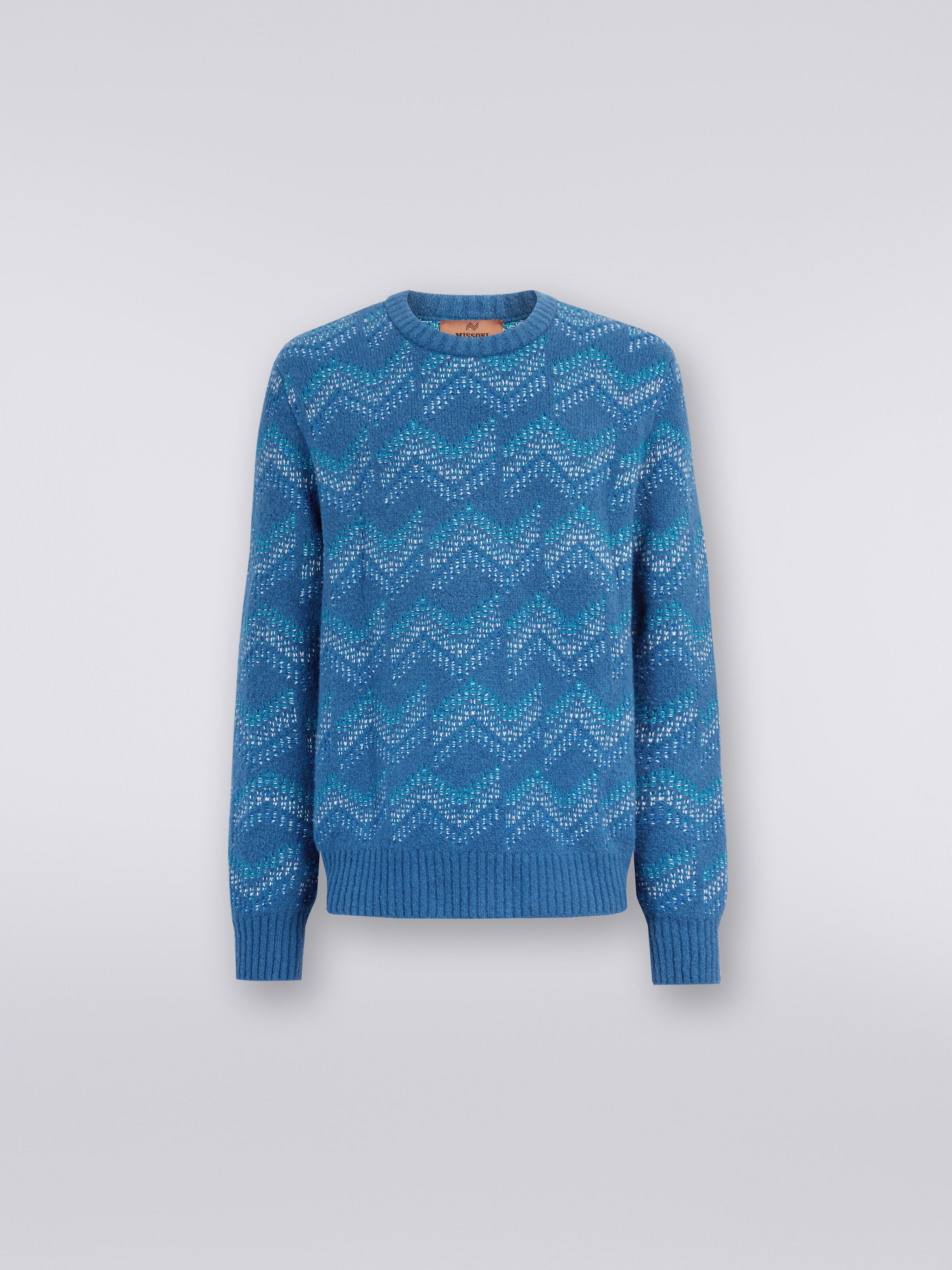 Cotton blend crew-neck sweater with zigzag pattern, White & Navy Blue - 0