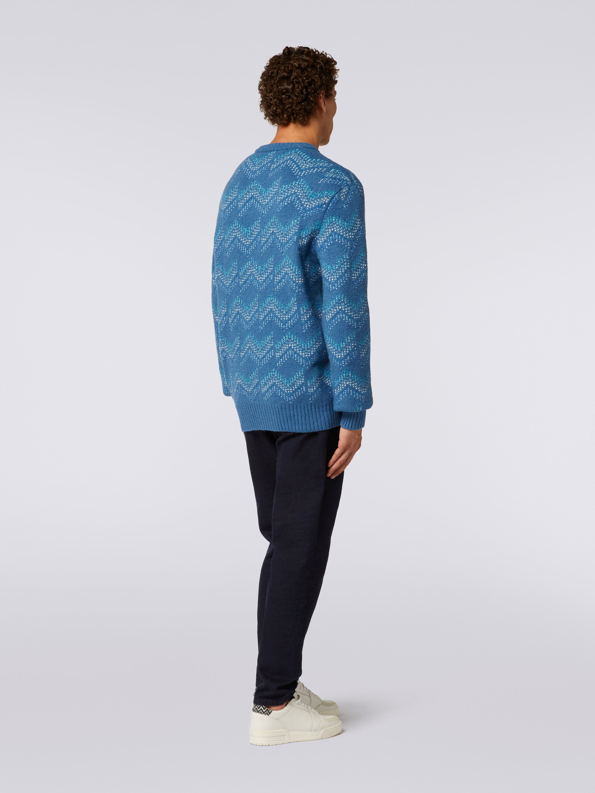 Cotton blend crew-neck sweater with zigzag pattern, White & Navy Blue - 3