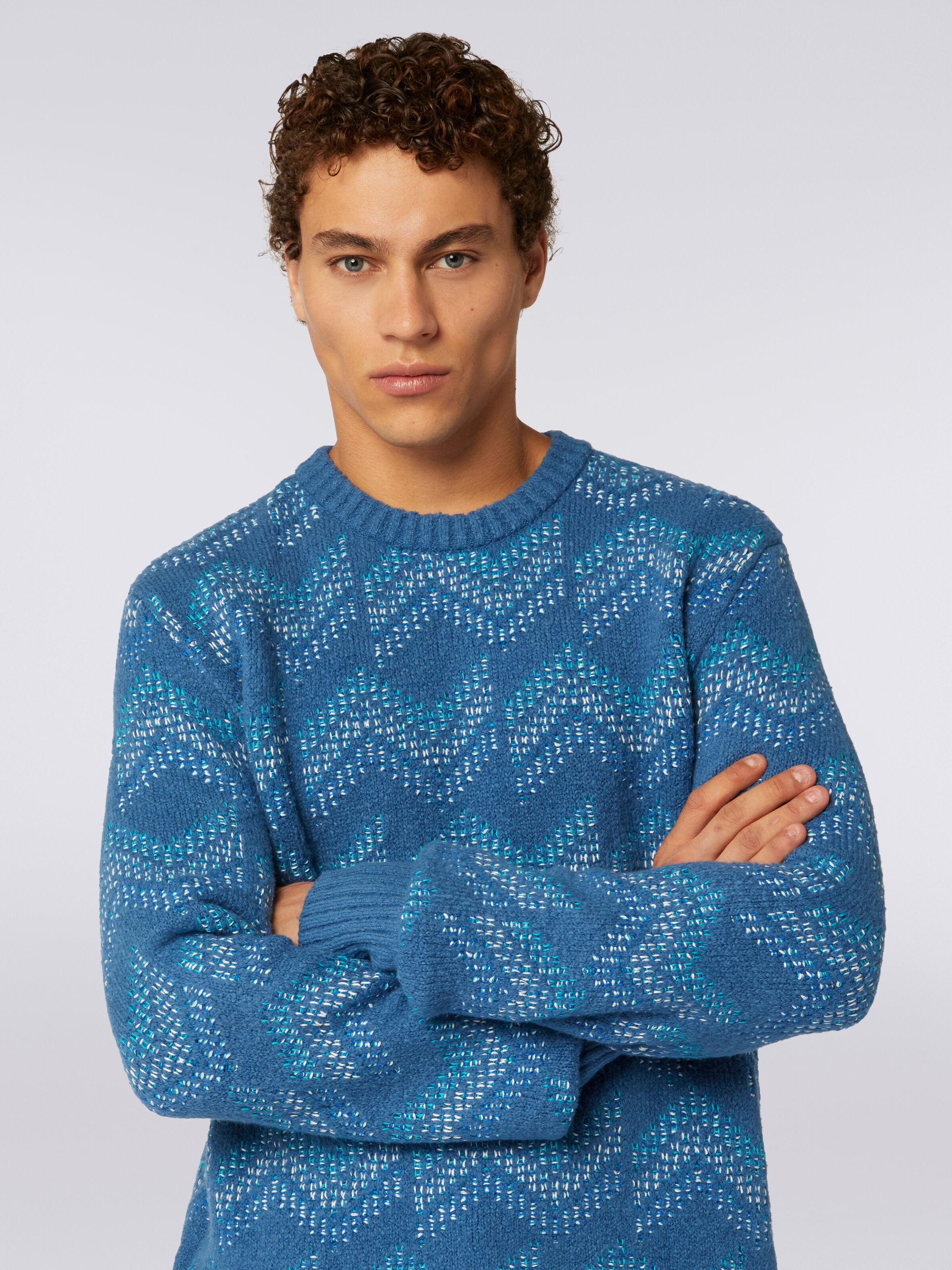 Cotton blend crew-neck sweater with zigzag pattern, White & Navy Blue - 4