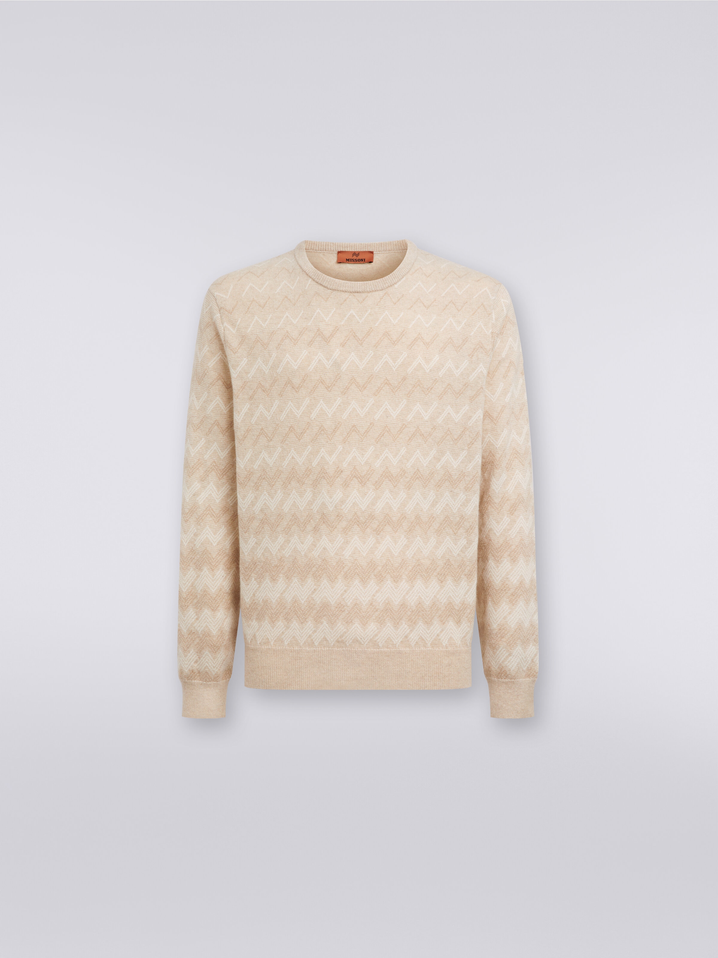 Cashmere crew-neck sweater with zigzags, White & Beige - 0