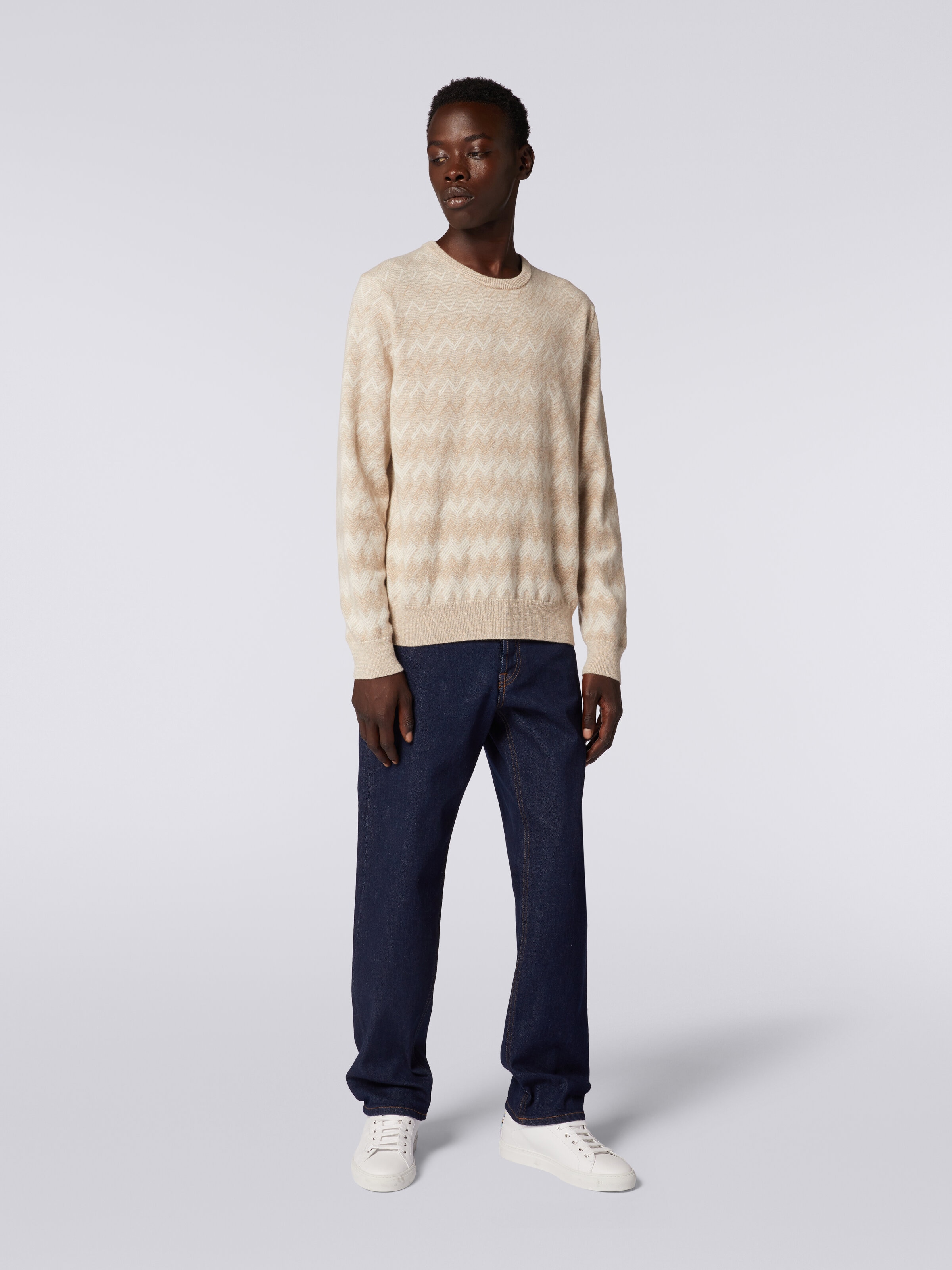 Cashmere crew-neck sweater with zigzags, White & Beige - 1