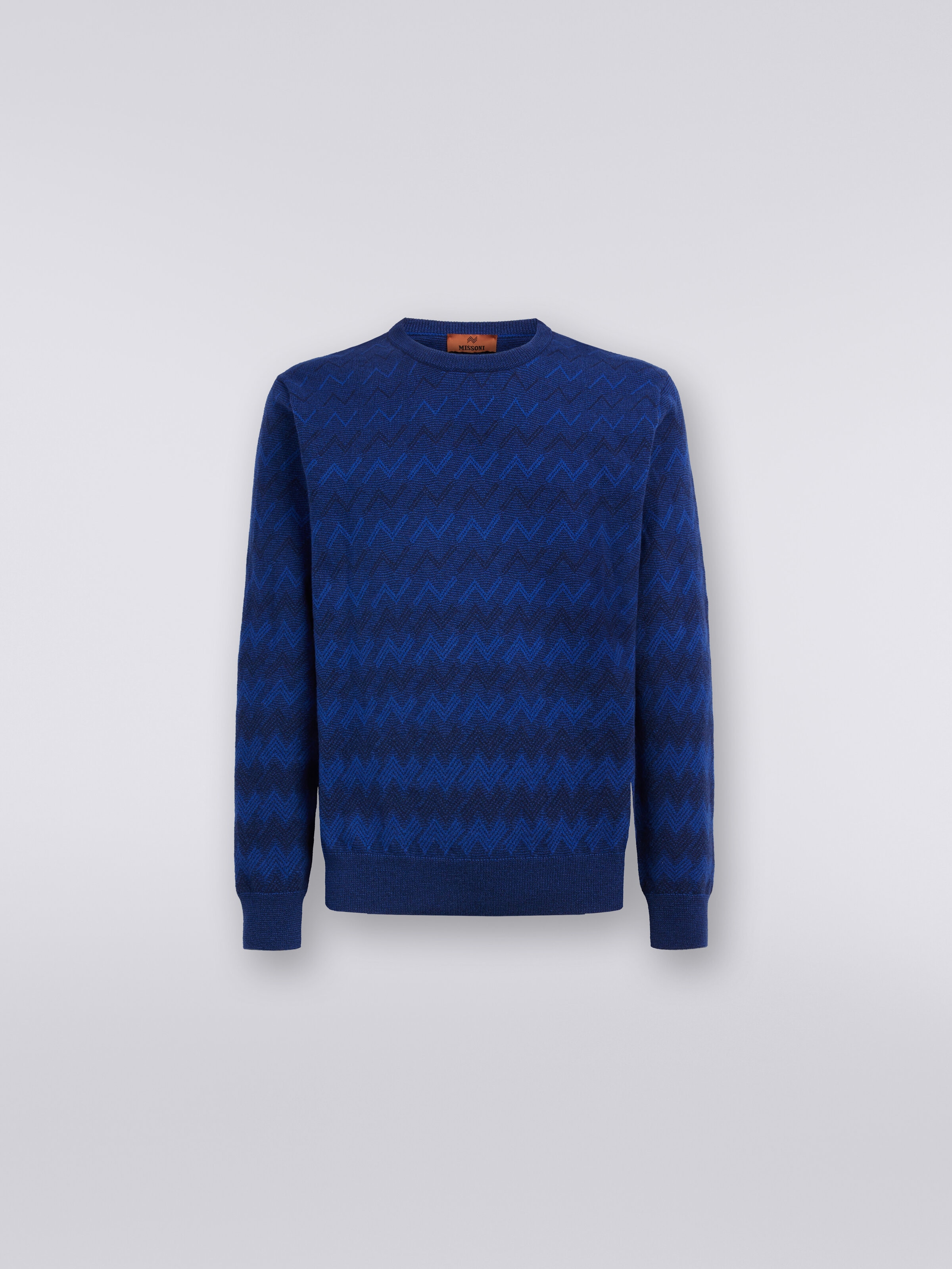 Cashmere crew-neck sweater with zigzags, Blue - 0