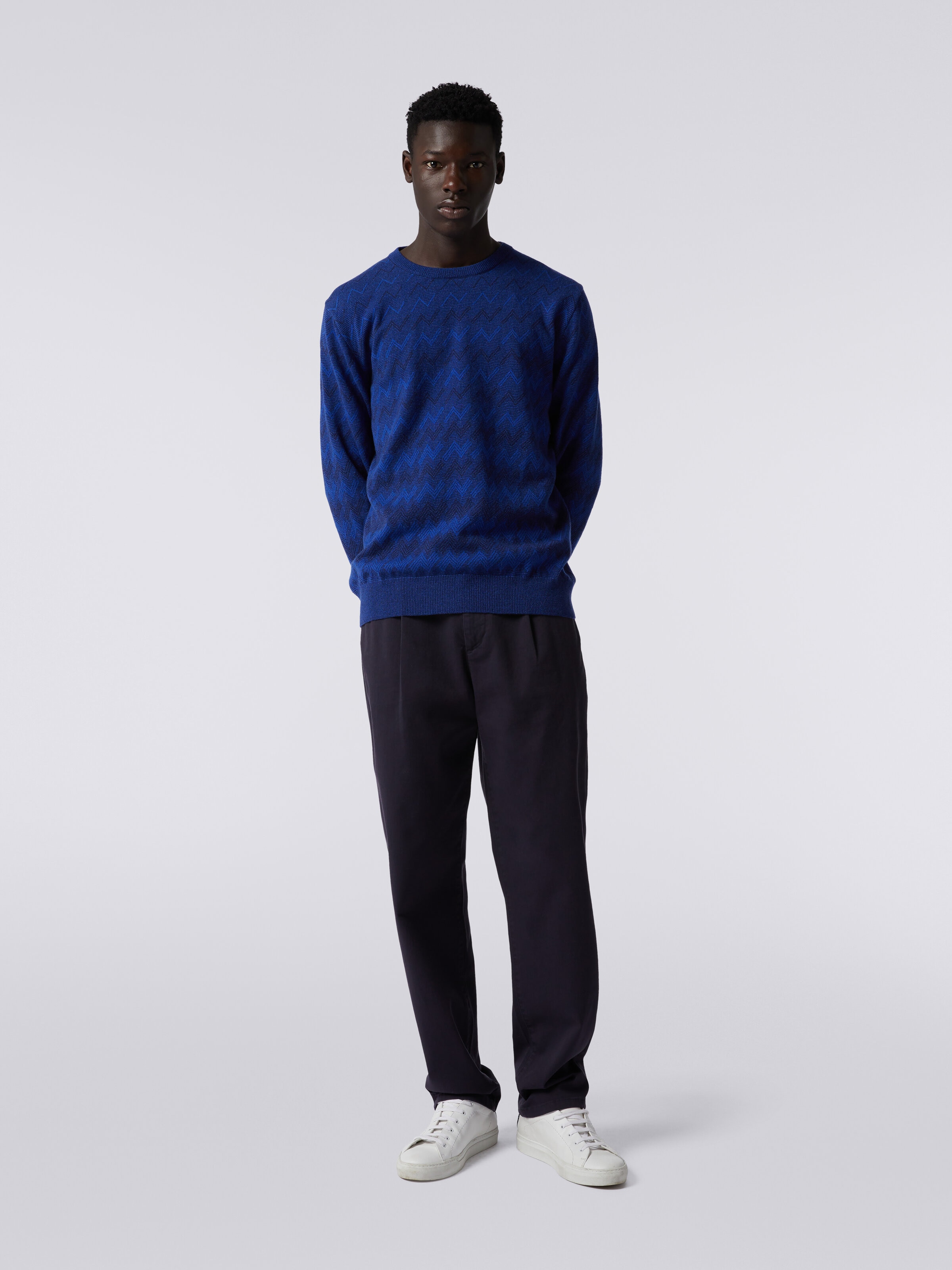 Cashmere crew-neck sweater with zigzags, Blue - 1