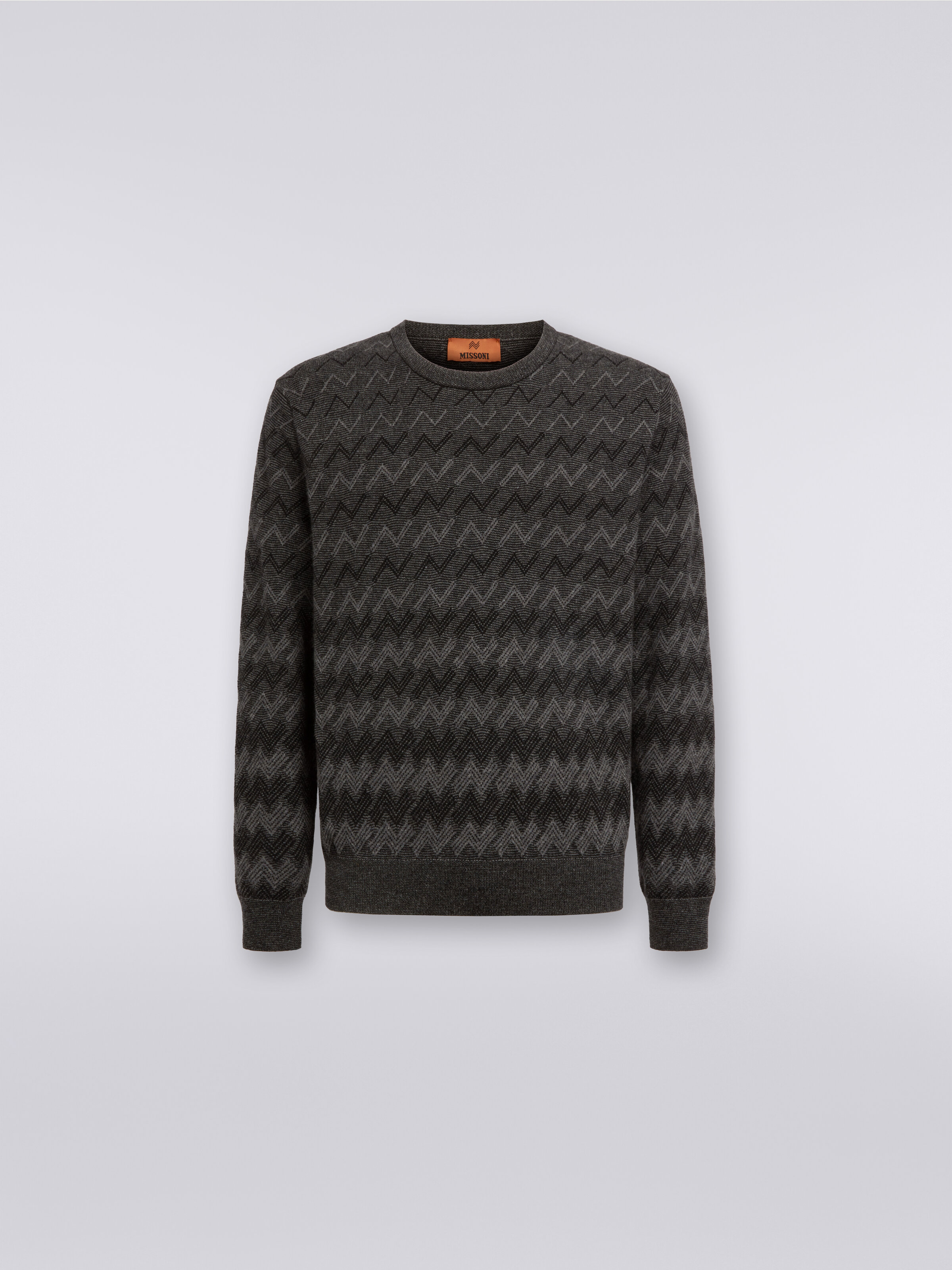 Jersey de cachemira con cuello redondo y zigzag, Negro & Gris - 0