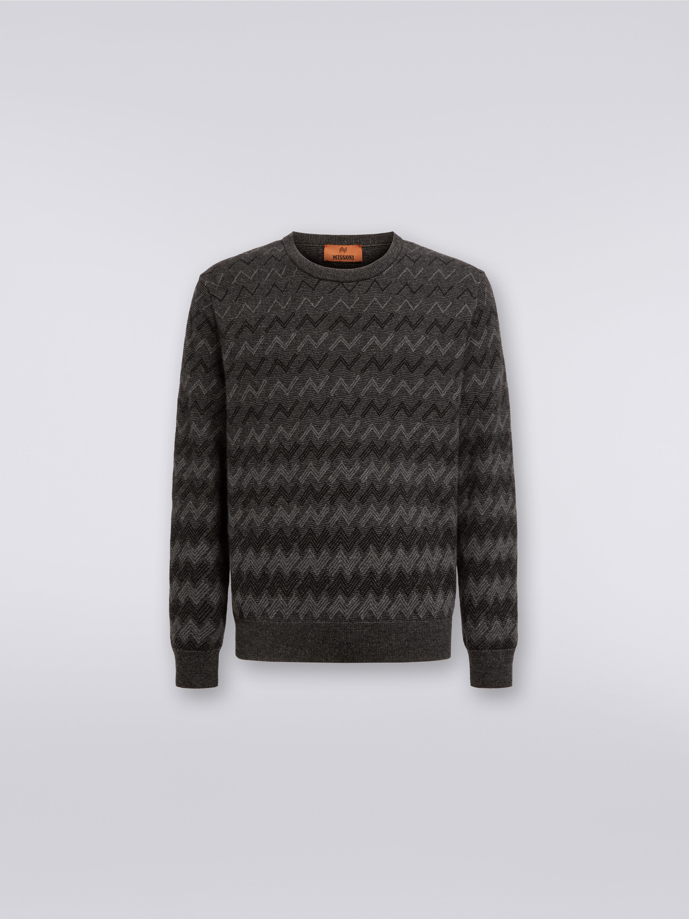 Pullover girocollo in cachemire con zig zag, Nero &  Grigio - 0