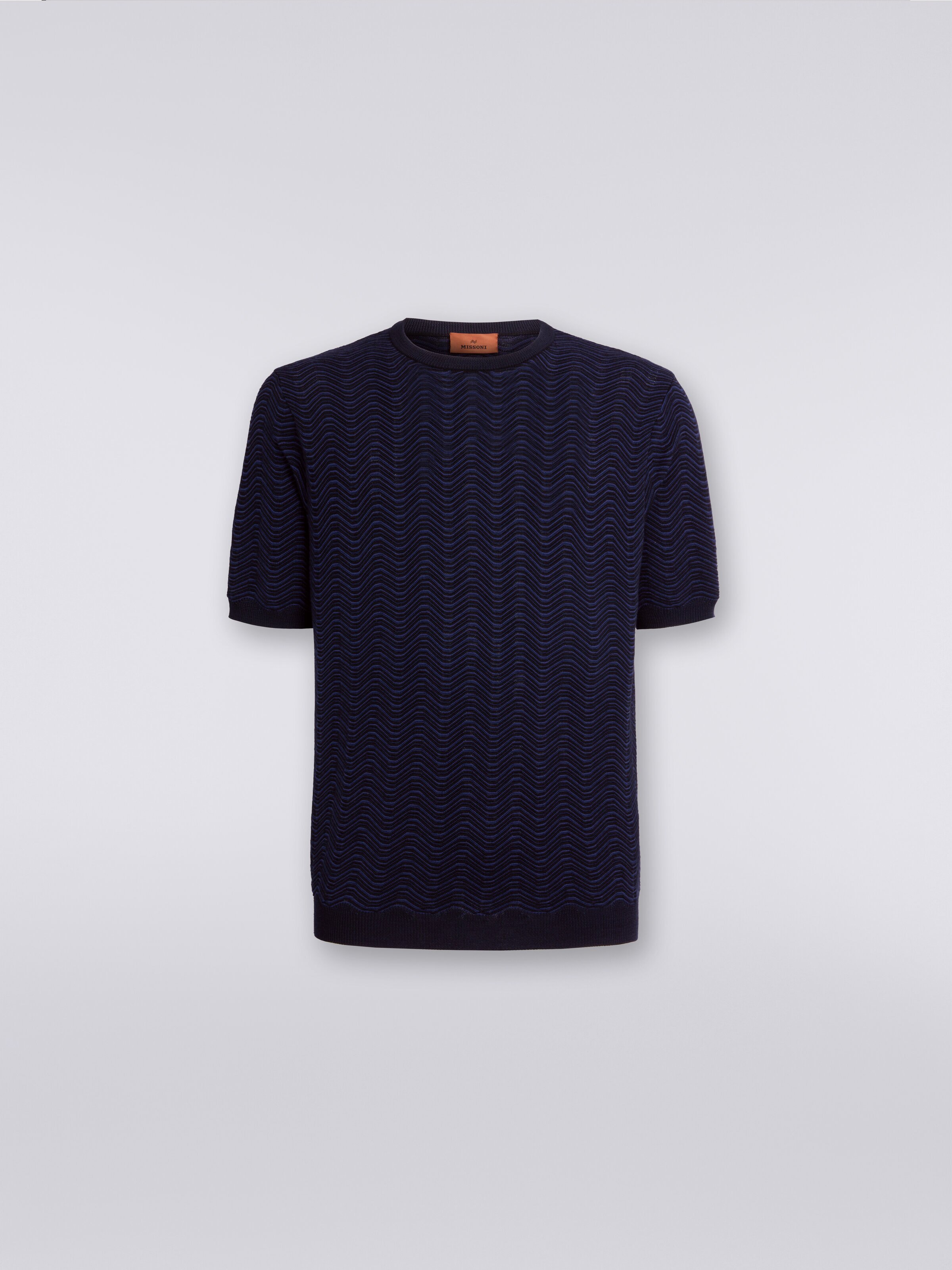 Wool and viscose crew-neck T-shirt with wave pattern, Blue - 0