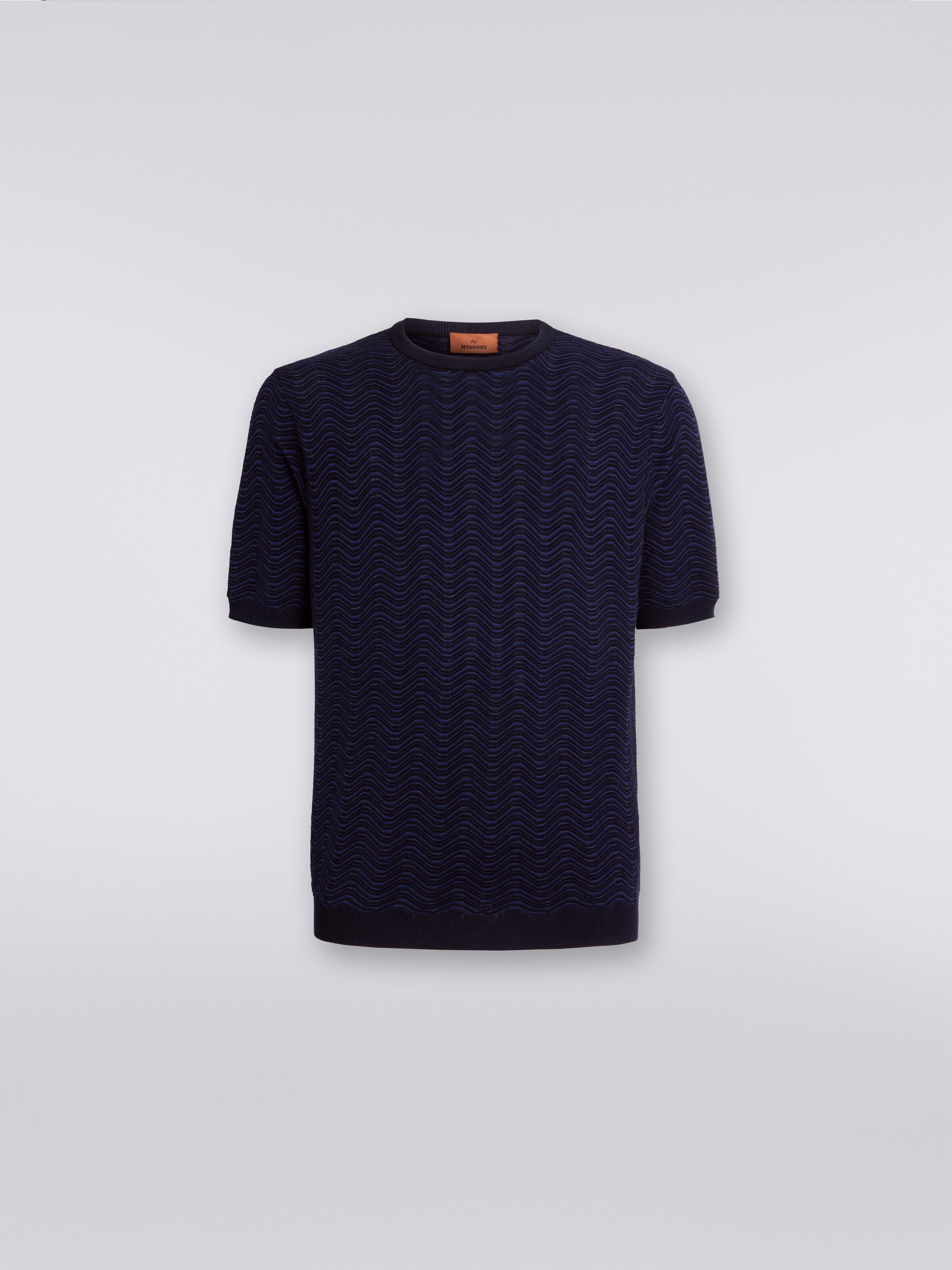 T-shirt à col rond en laine et viscose avec motif ondulé, Bleu - 0