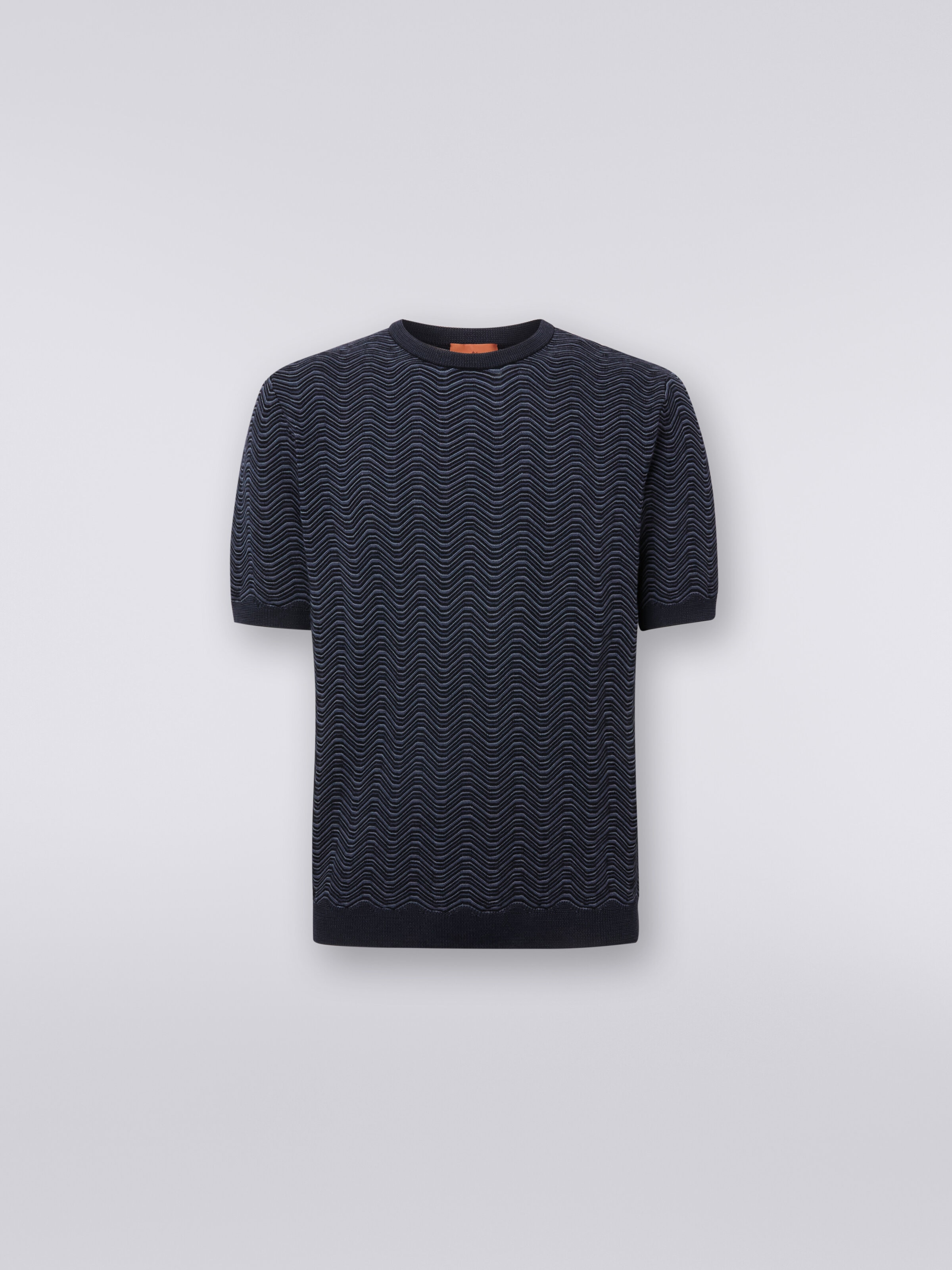 T-shirt à col rond en laine et viscose avec motif ondulé, Blanc, Noir & Beige - 0