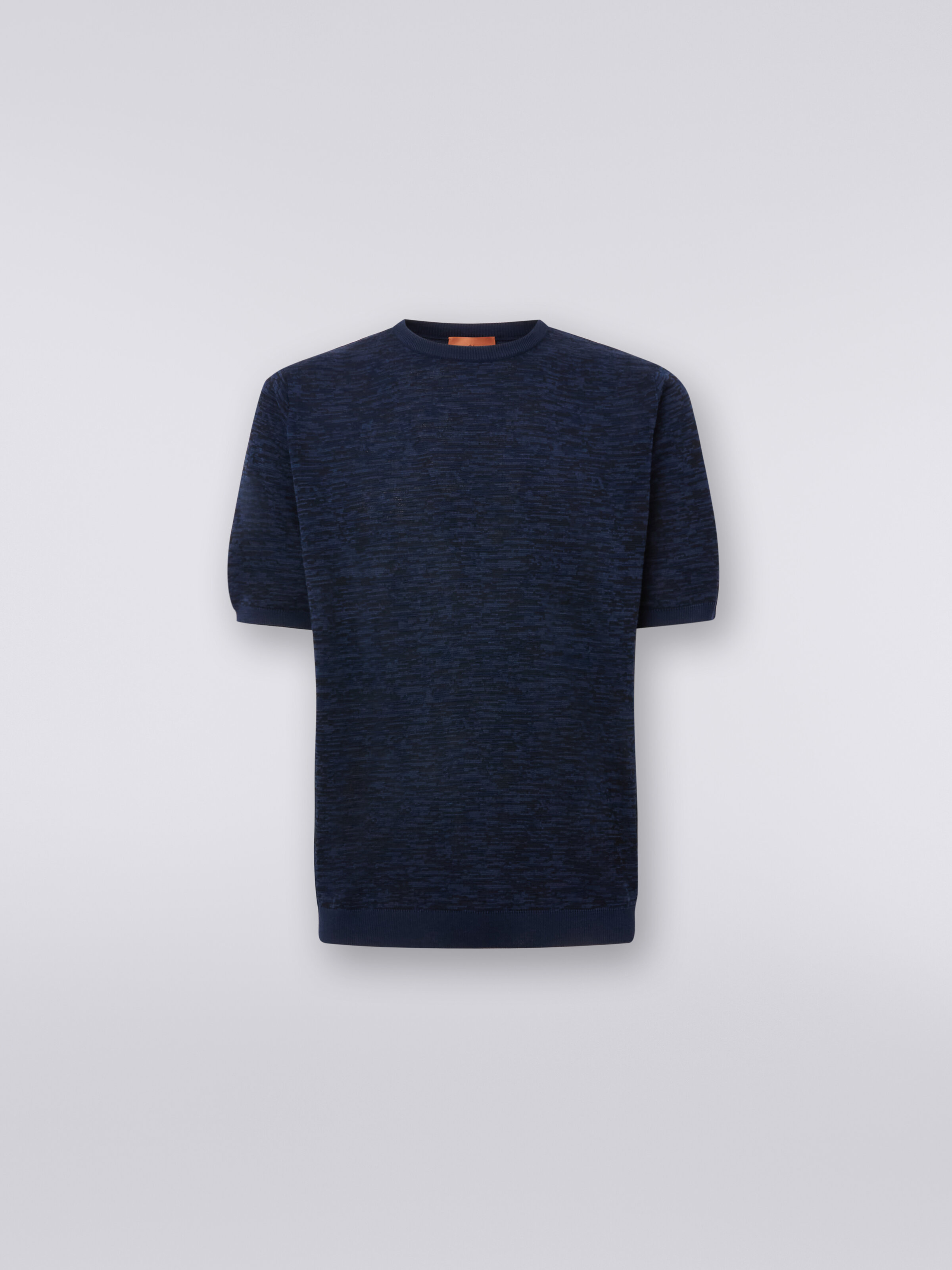 Jersey de cuello redondo en algodón y lana flameada, Azul Oscuro - 0
