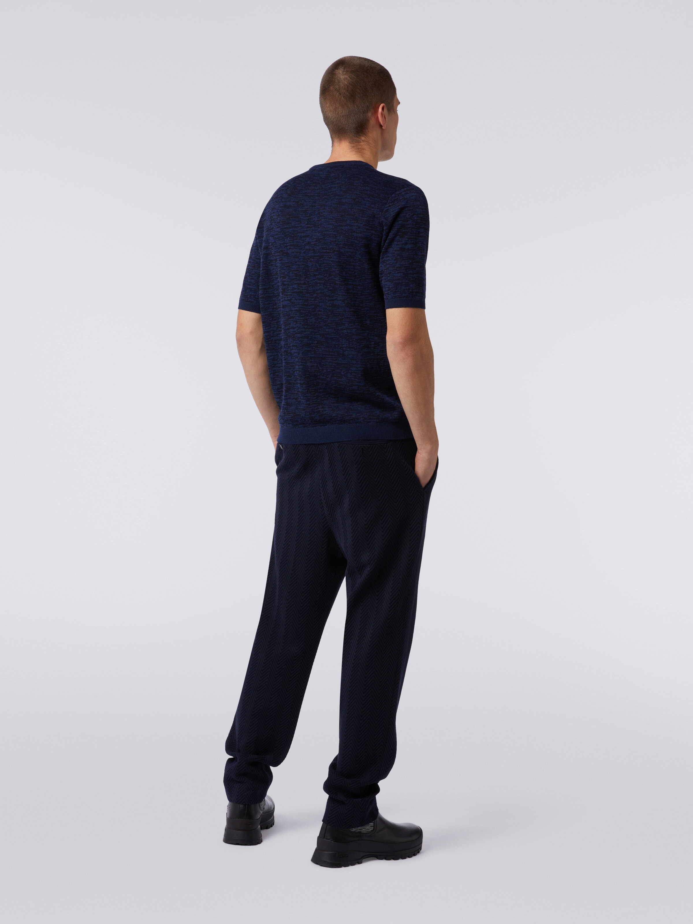 Jersey de cuello redondo en algodón y lana flameada, Azul Oscuro - 3