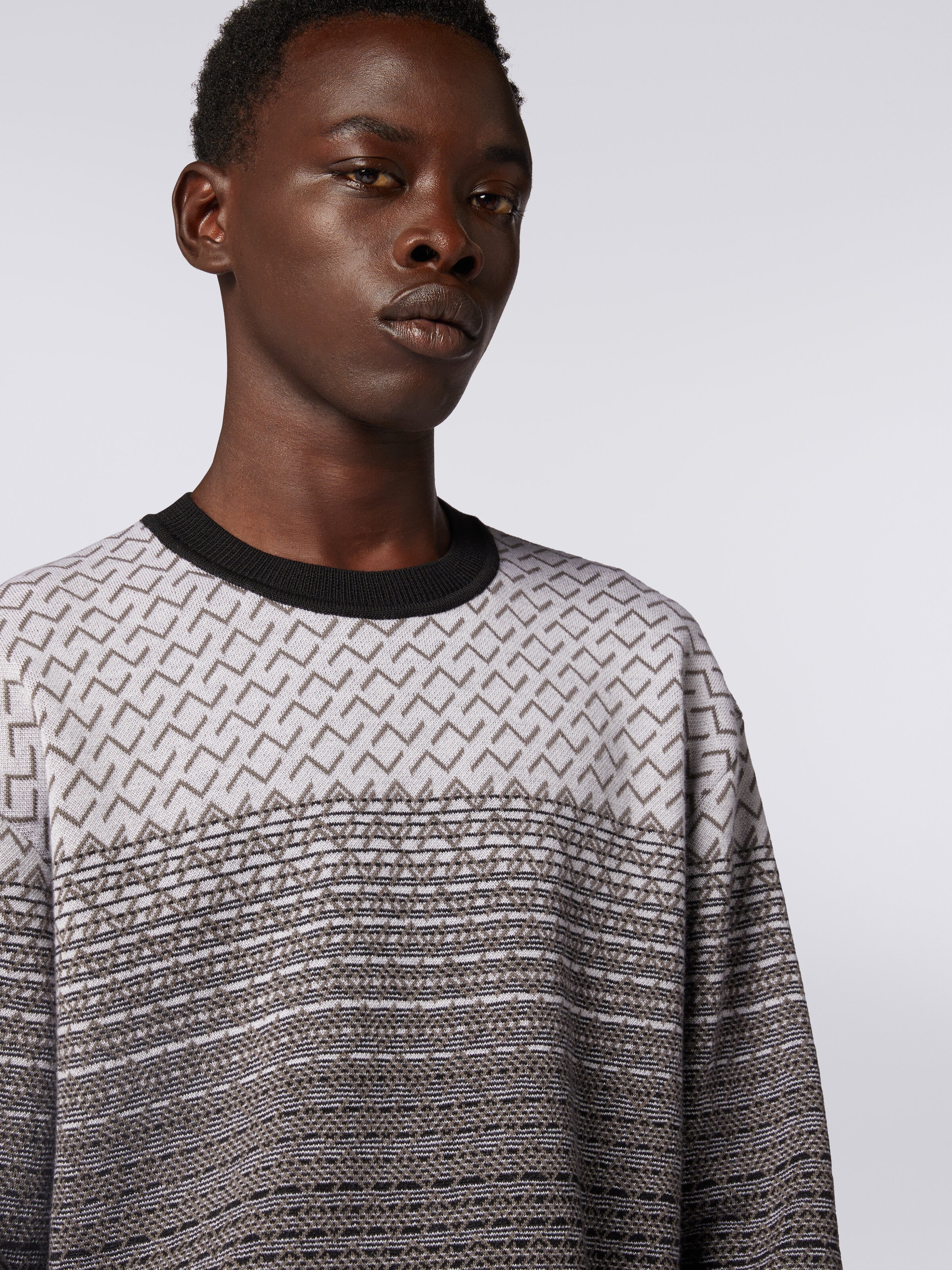 Wool and cotton crew-neck pullover , Black & White - 4