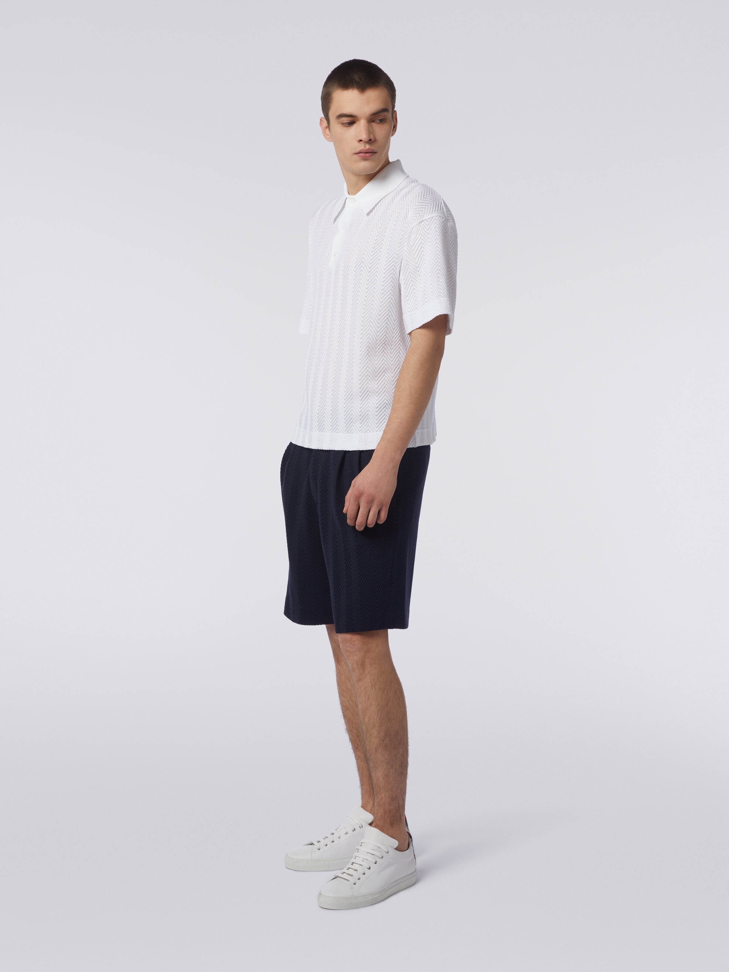 Short-sleeved polo shirt in chevron viscose and cotton, White  - 2