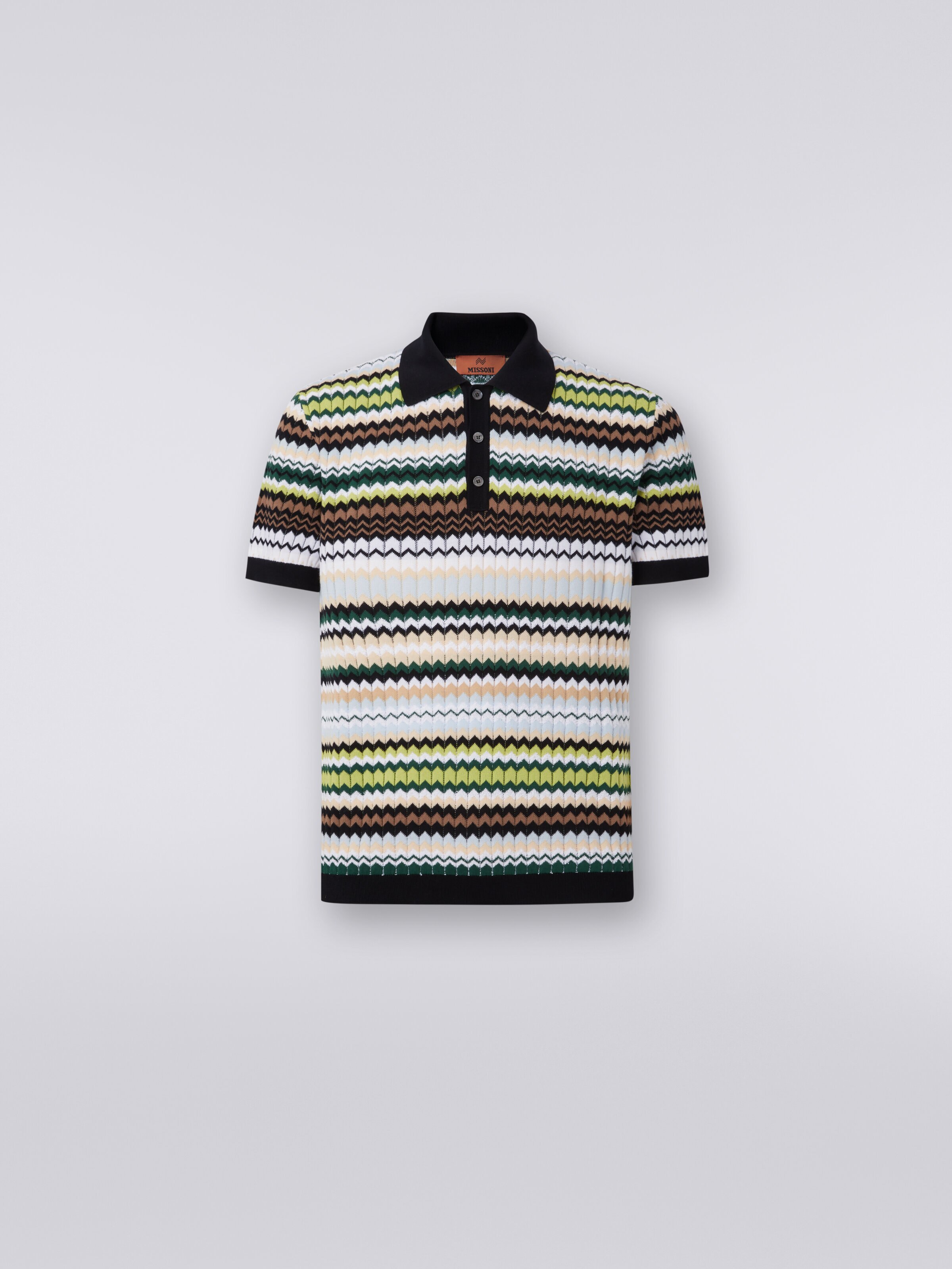 Short-sleeved polo shirt in zigzag cotton knit, Green - 0