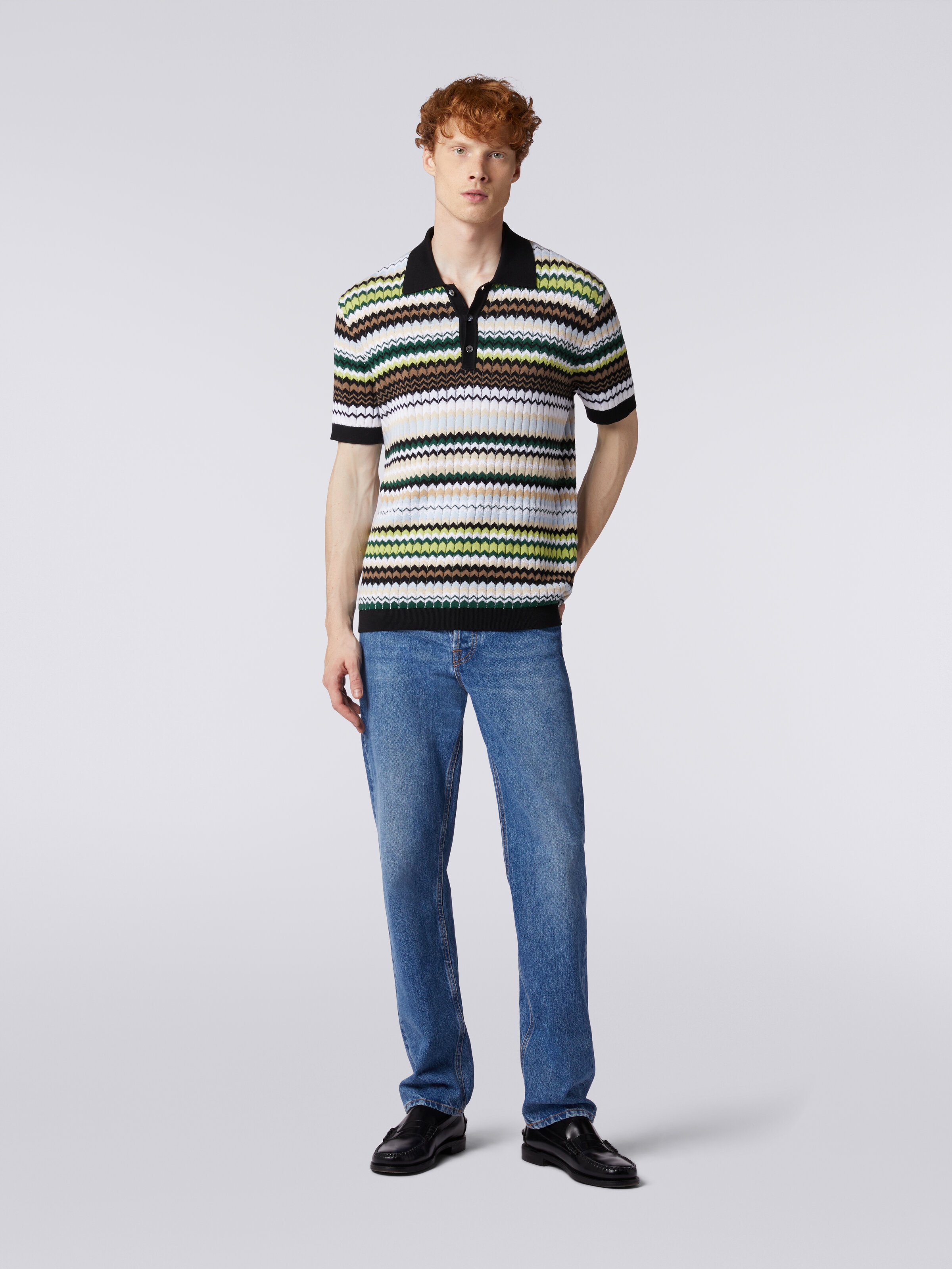 Short-sleeved polo shirt in zigzag cotton knit, Green - 1