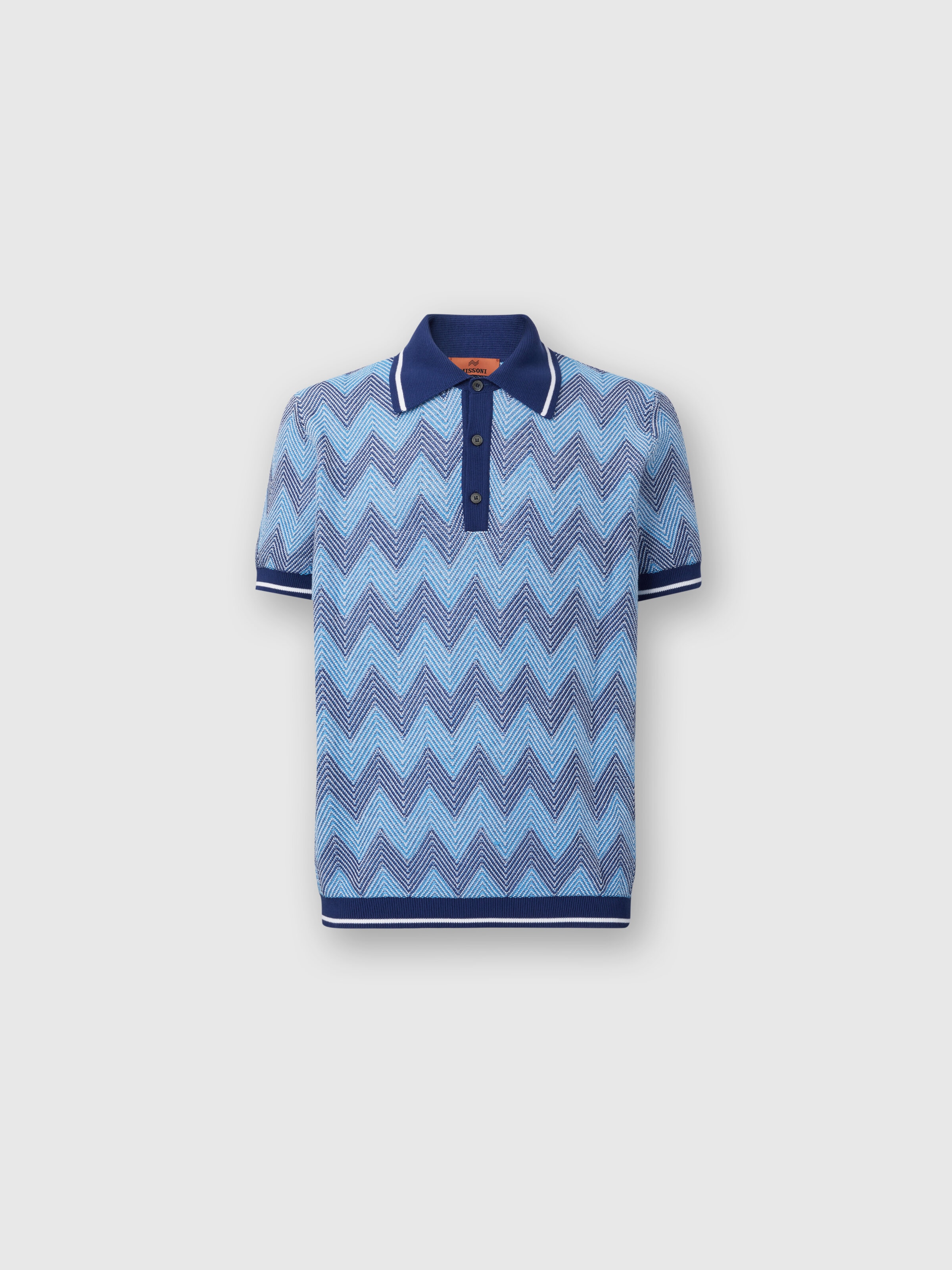 Short-sleeved polo shirt in zigzag cotton with contrasting trim, Blue - 0