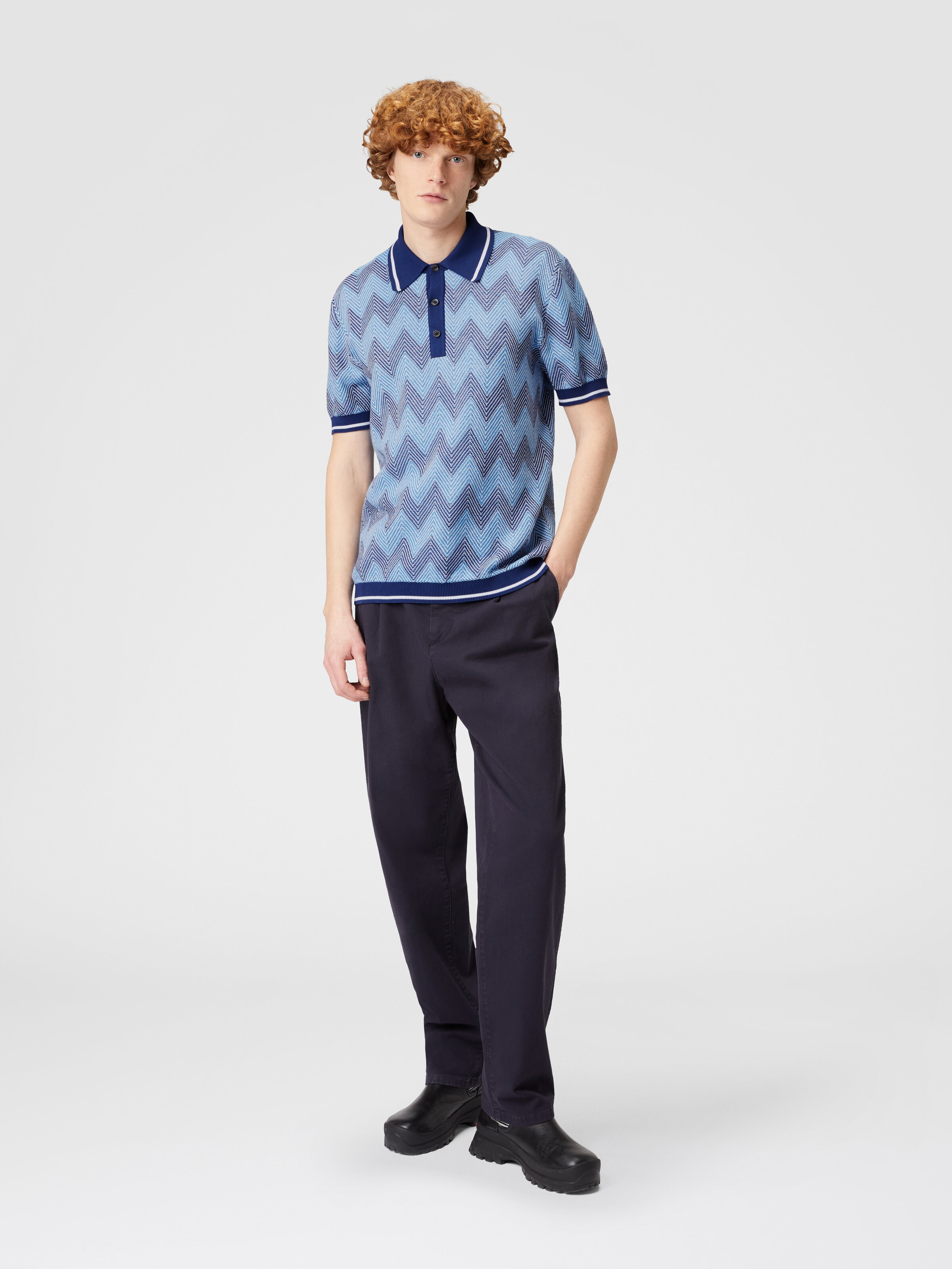 Short-sleeved polo shirt in zigzag cotton with contrasting trim, Blue - 1