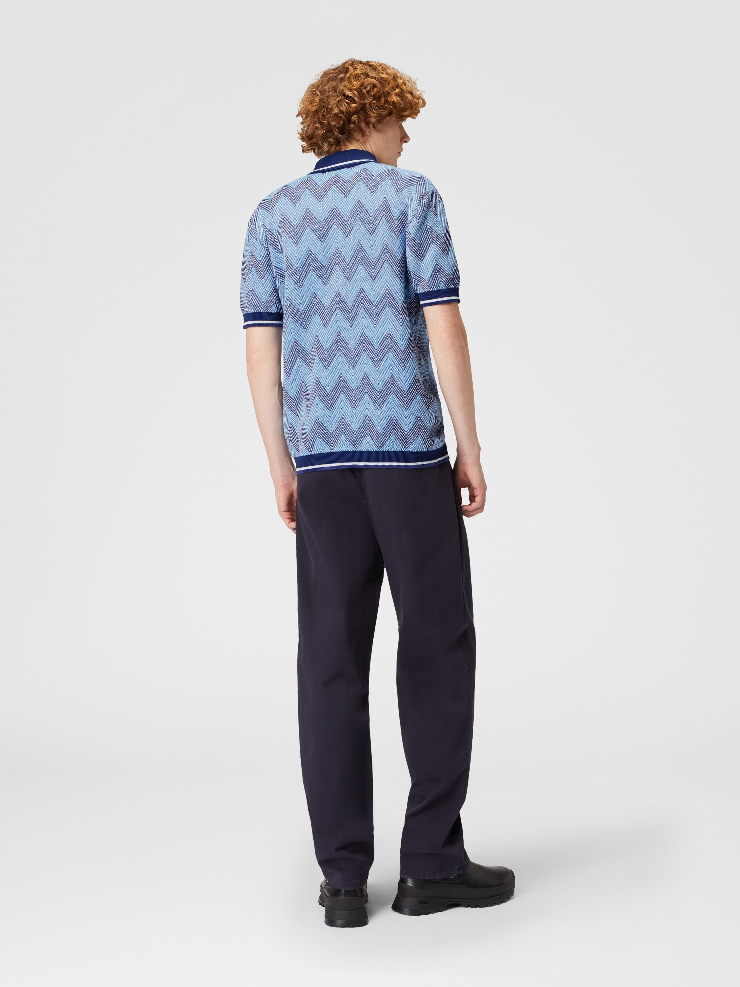 Short-sleeved polo shirt in zigzag cotton with contrasting trim, Blue - 2
