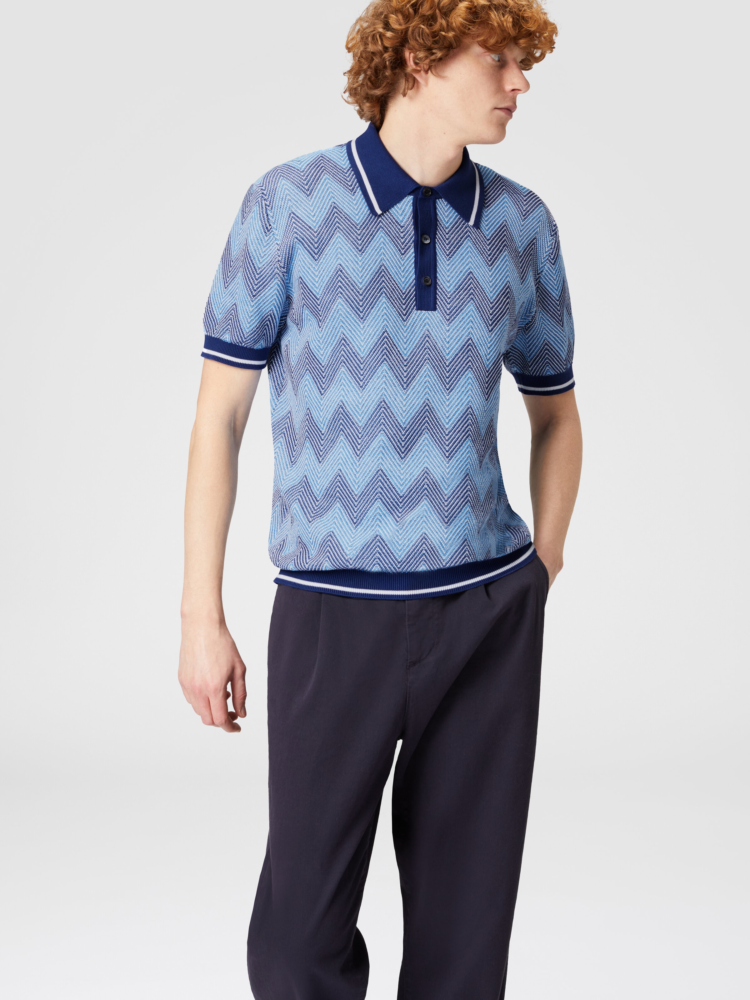 Polo à manches courtes en coton à zig zag avec bords contrastants, Bleu - 3