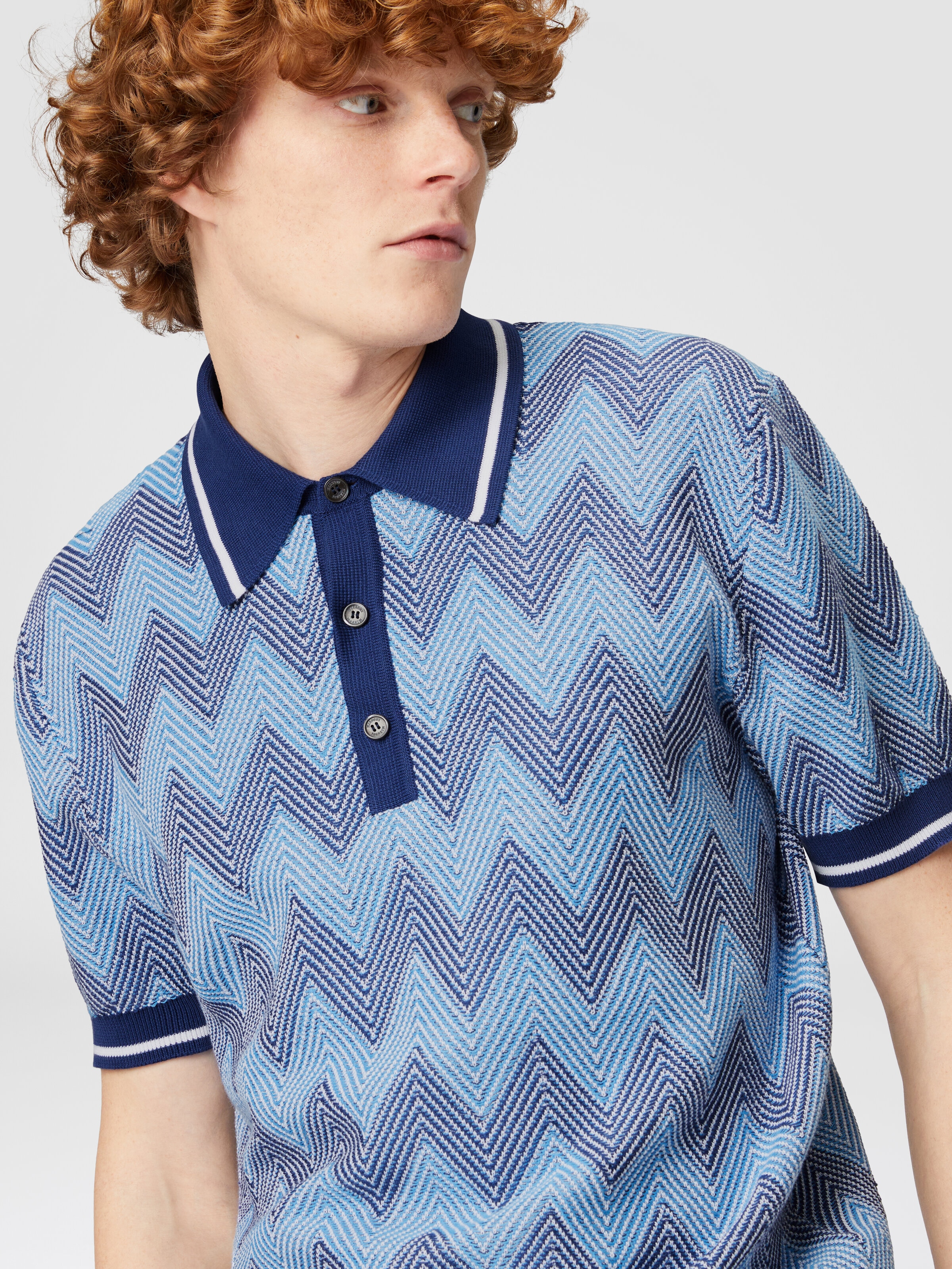 Short-sleeved polo shirt in zigzag cotton with contrasting trim, Blue - 4