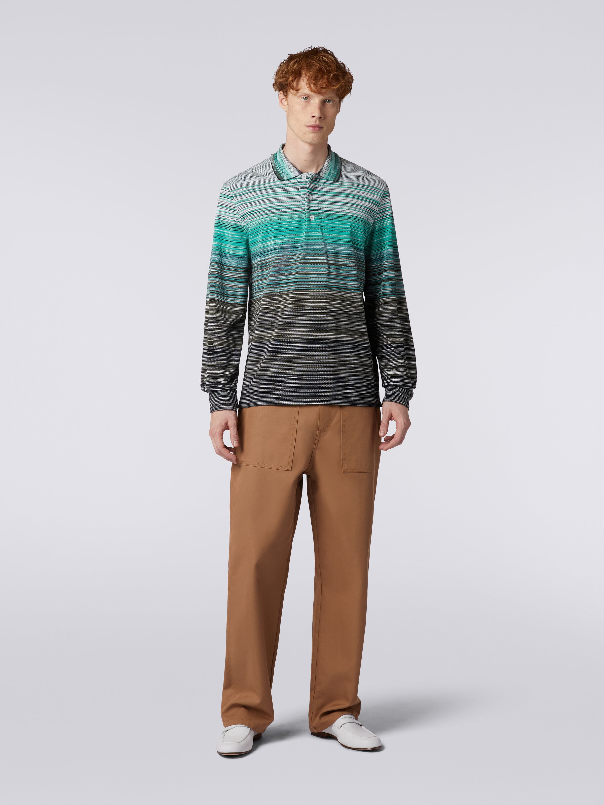 Long-sleeved polo shirt in slub cotton piqué, Multicoloured  - 1