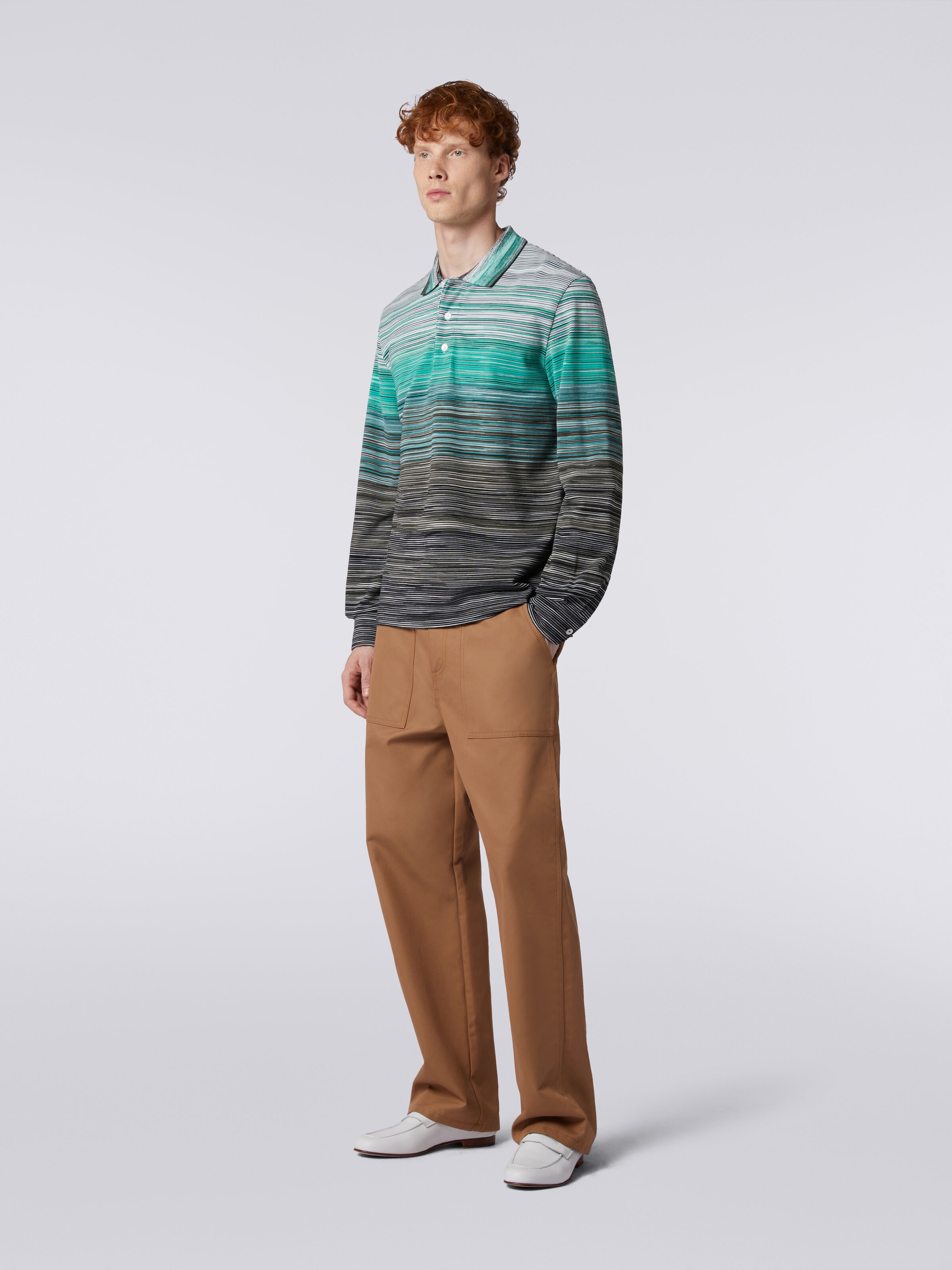 Long-sleeved polo shirt in slub cotton piqué, Multicoloured  - 2
