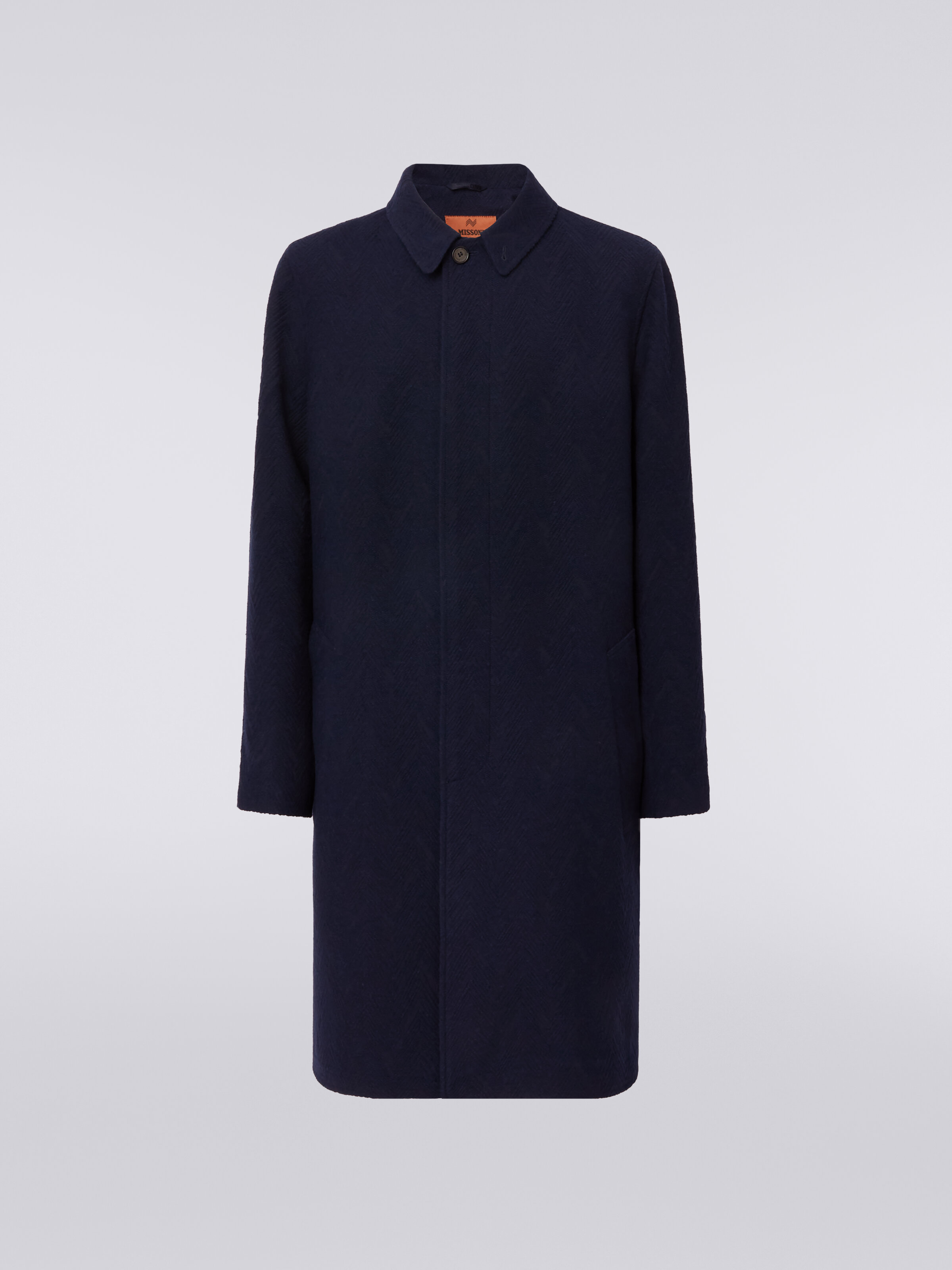 Manteau en laine mélangée jacquard avec motif à zig zag, Bleu Foncé - 0
