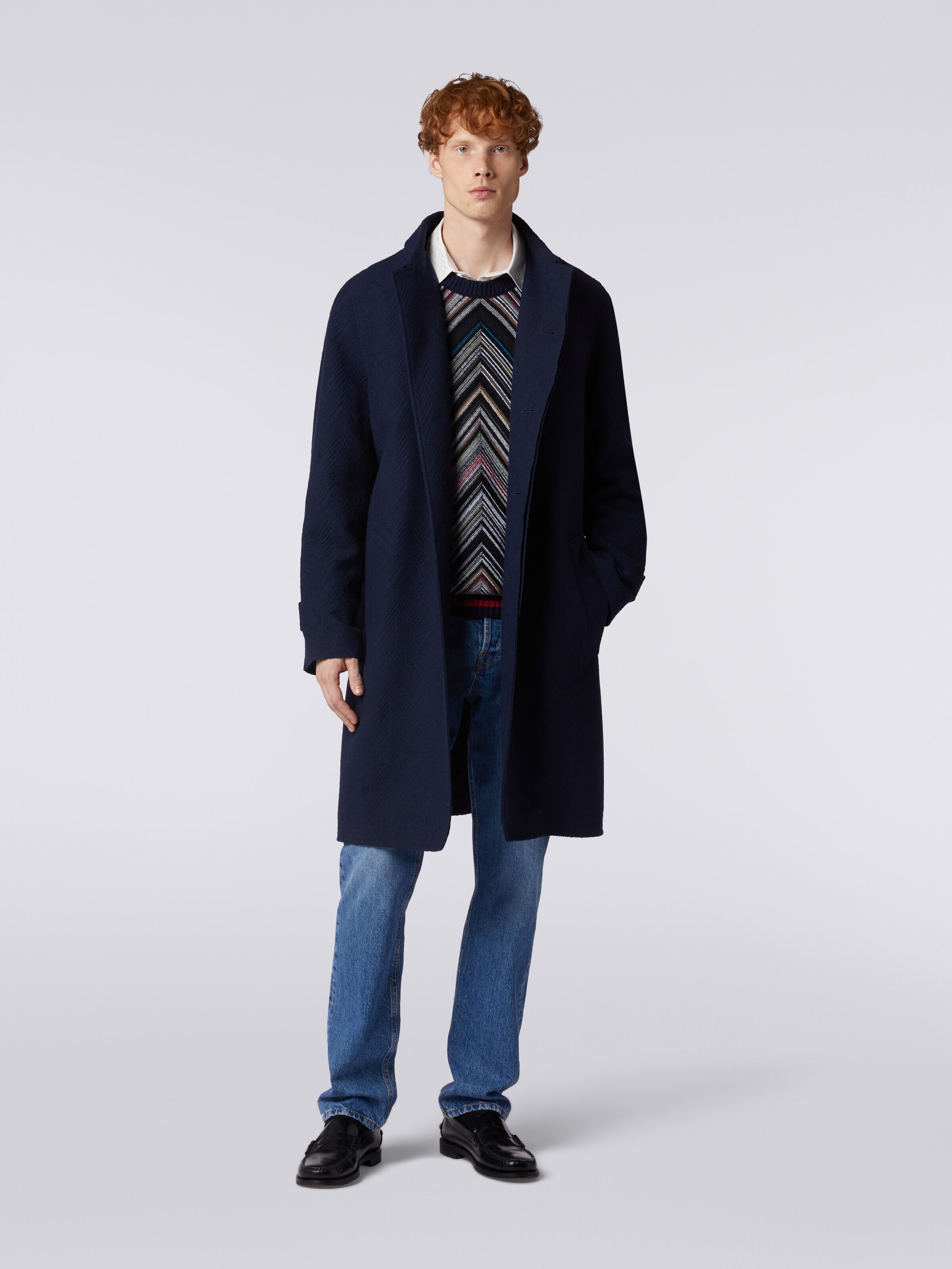 Manteau en laine mélangée jacquard avec motif à zig zag, Bleu Foncé - 1
