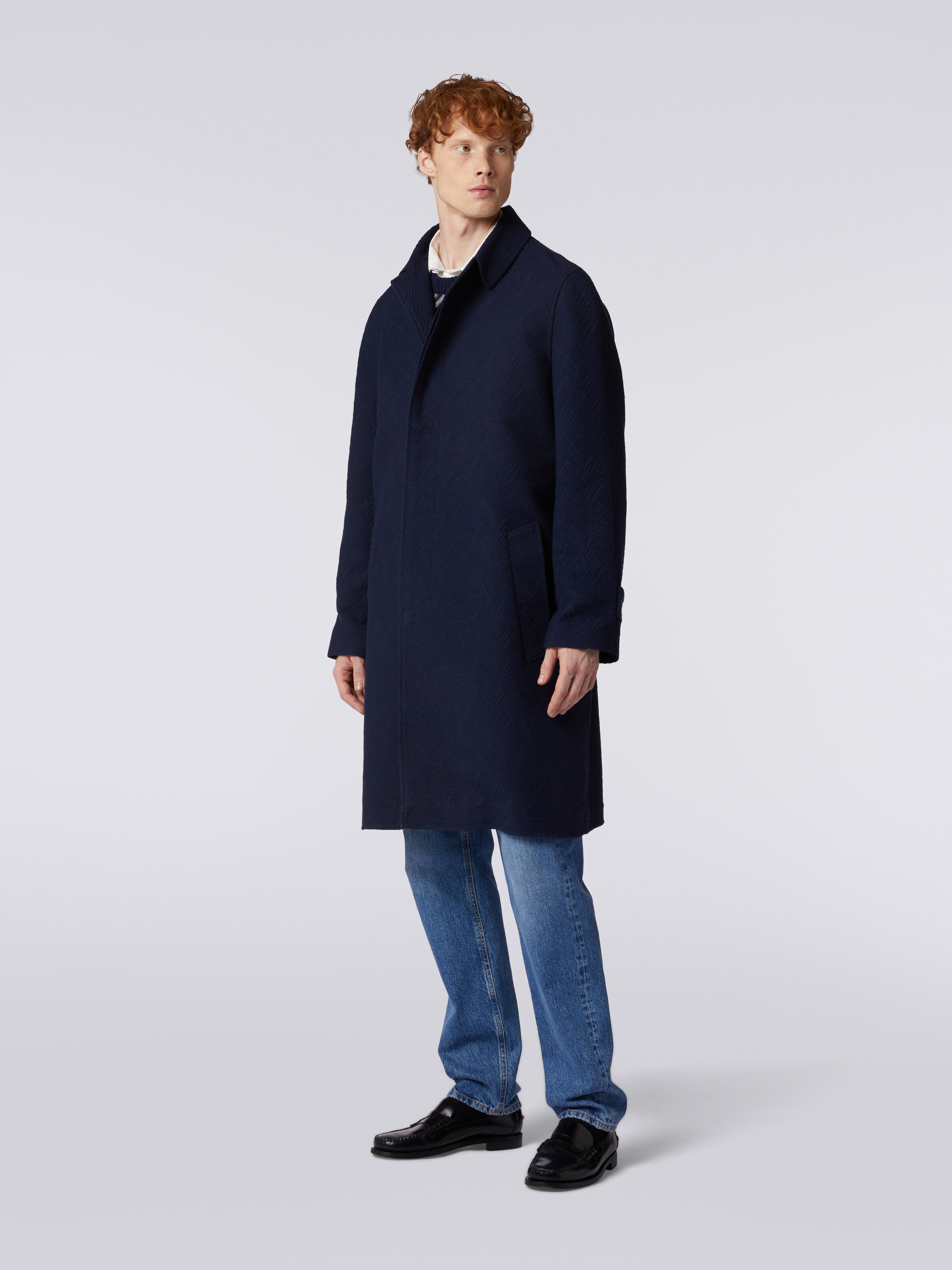 Manteau en laine mélangée jacquard avec motif à zig zag, Bleu Foncé - 2