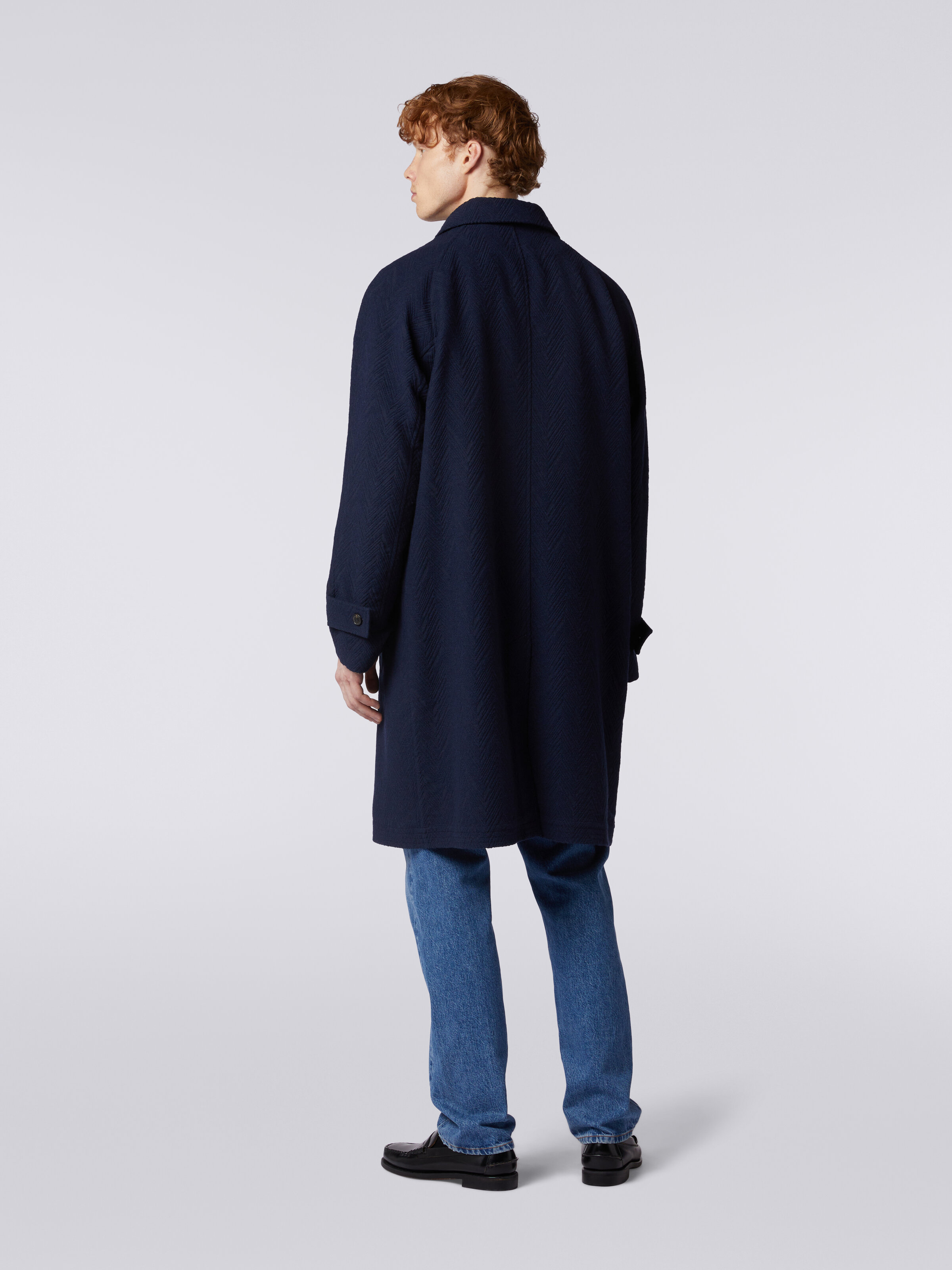 Abrigo de mezcla de lana jacquard con motivo zigzag, Azul Oscuro - 3