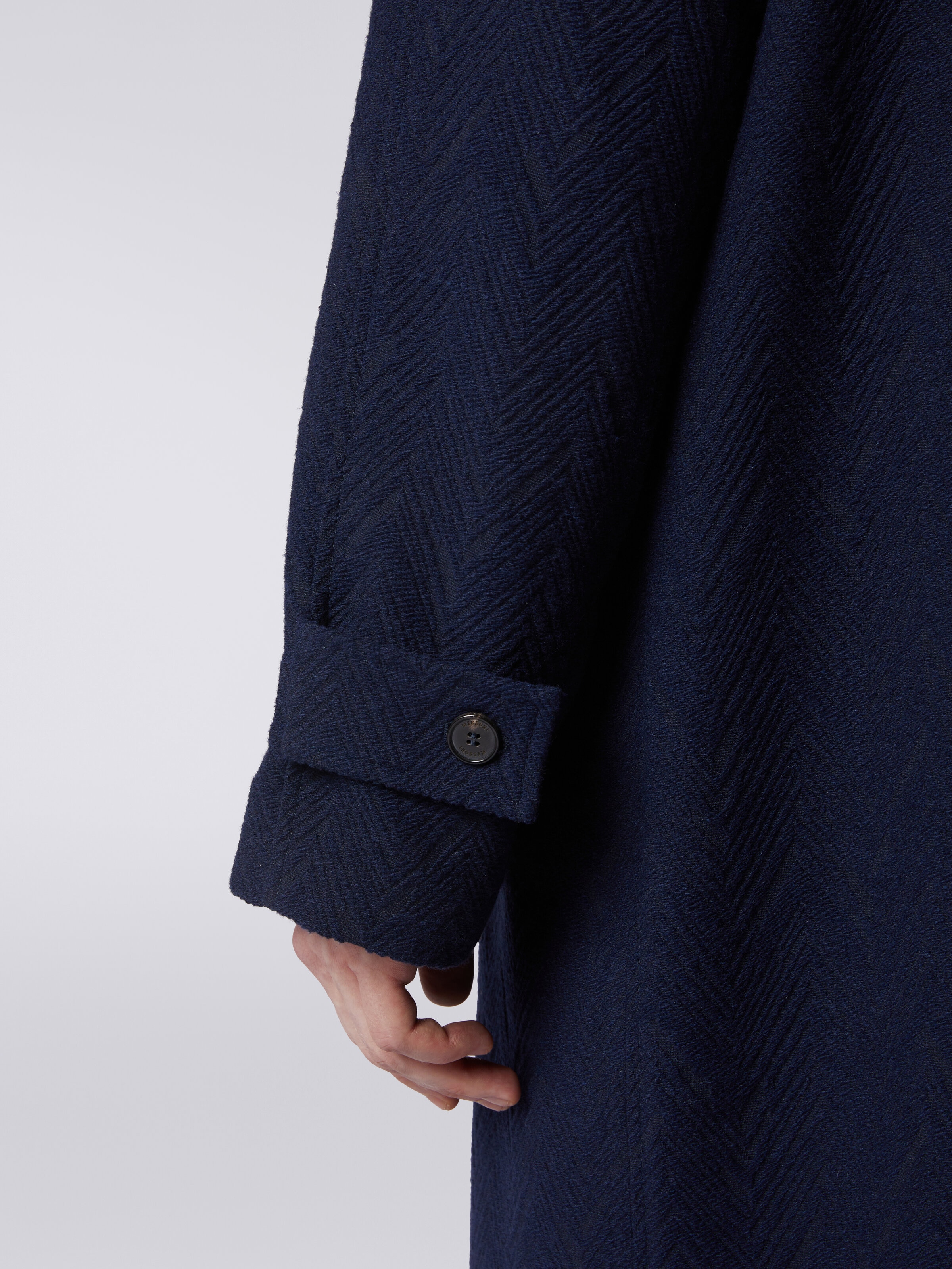 Manteau en laine mélangée jacquard avec motif à zig zag, Bleu Foncé - 4