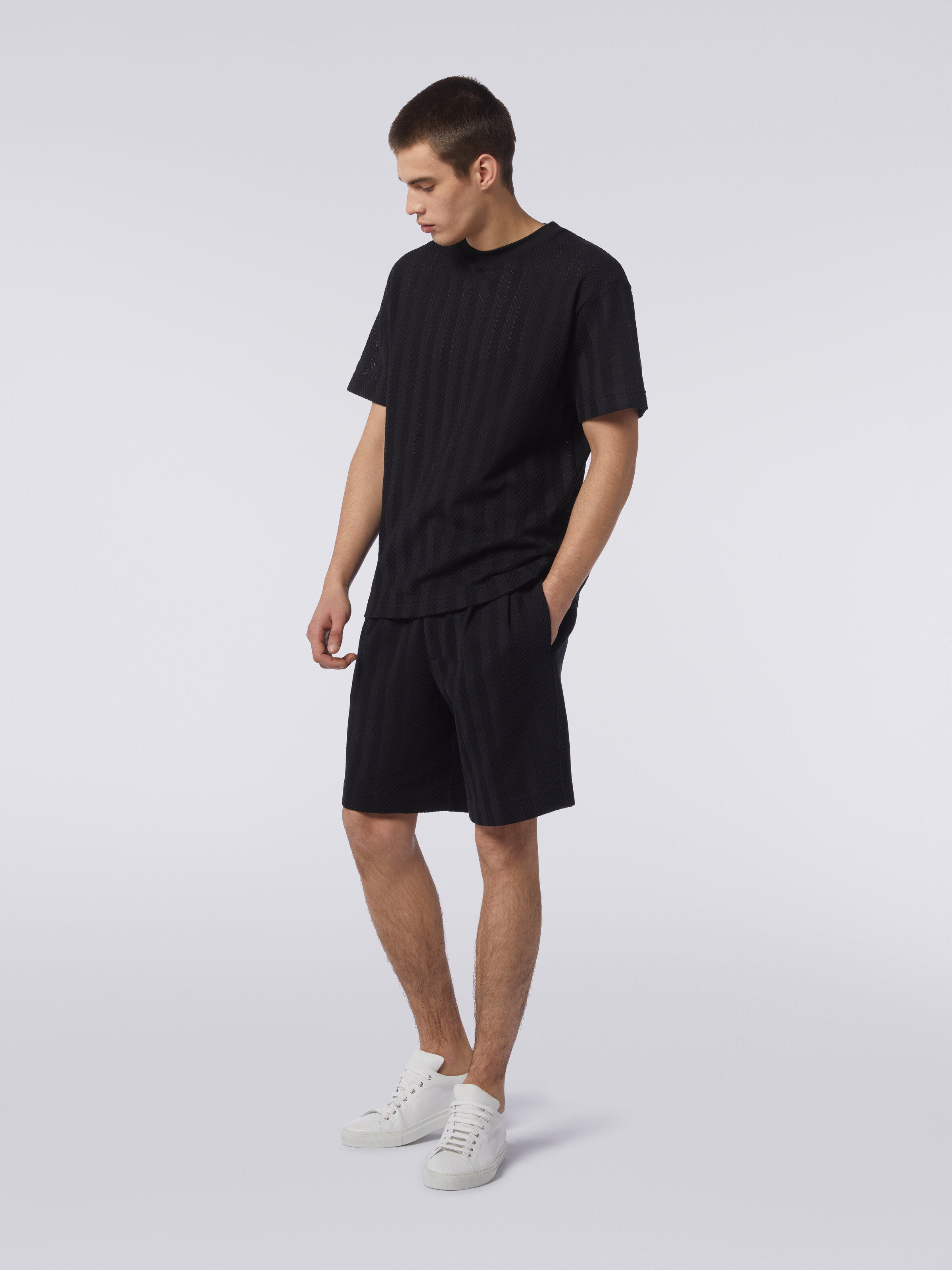 Shorts in zigzag viscose and cotton, Black    - 2