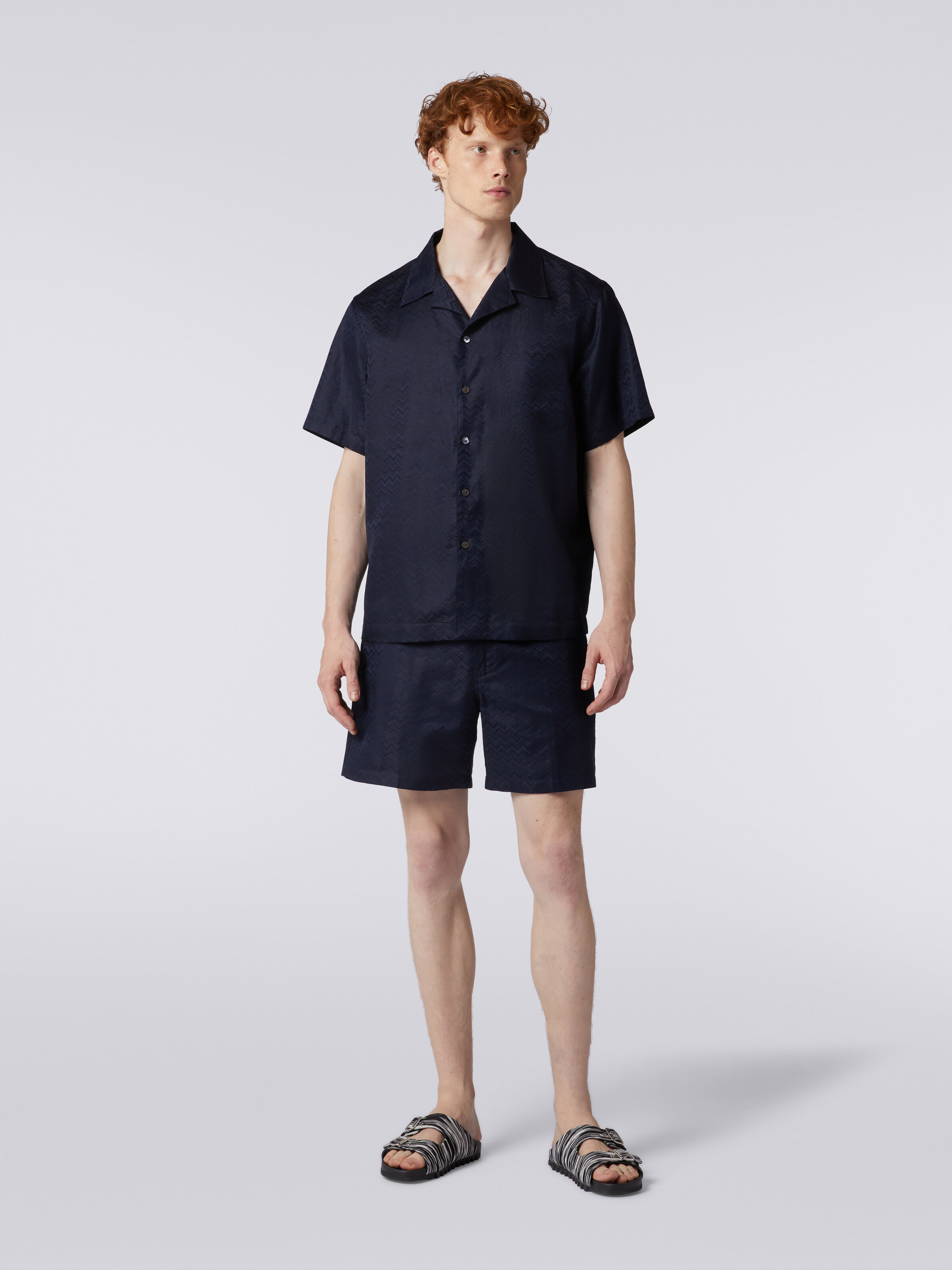 Bermuda shorts in cotton blend with zigzag pattern, Dark Blue - 1