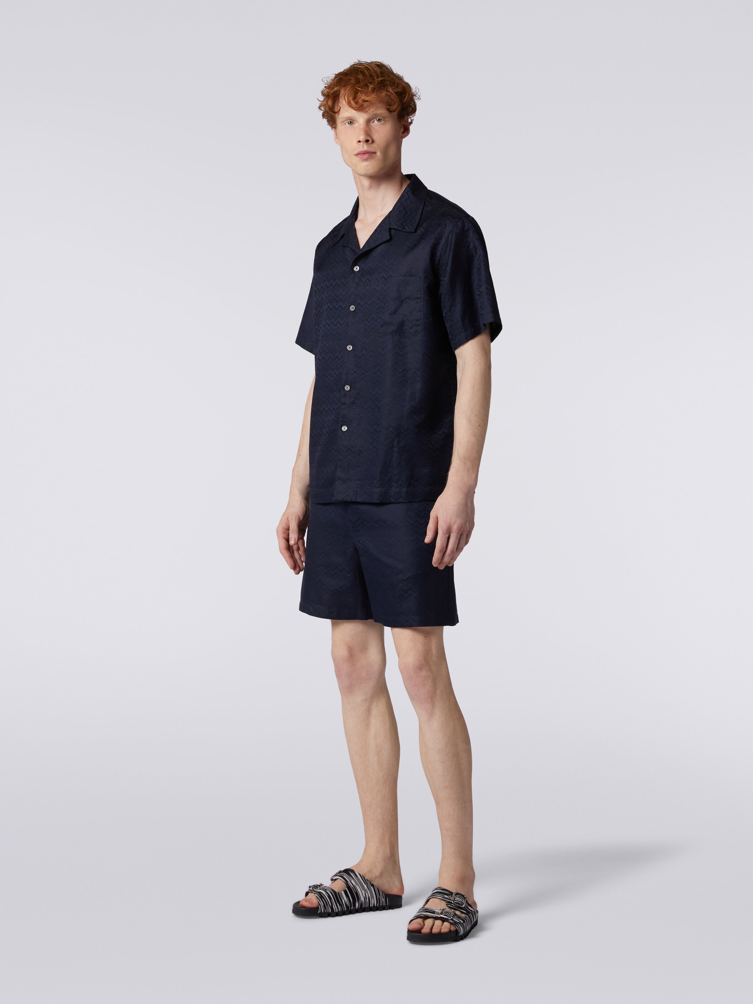 Bermuda shorts in cotton blend with zigzag pattern, Dark Blue - 2