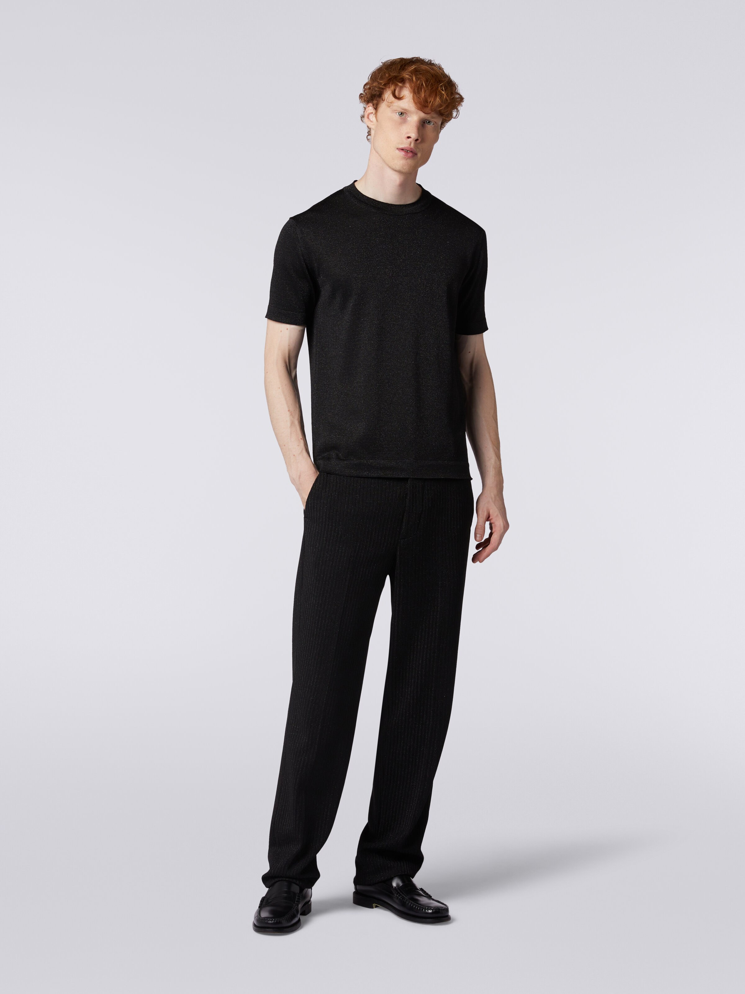 Pantaloni chino in viscosa con lurex, Nero    - 1