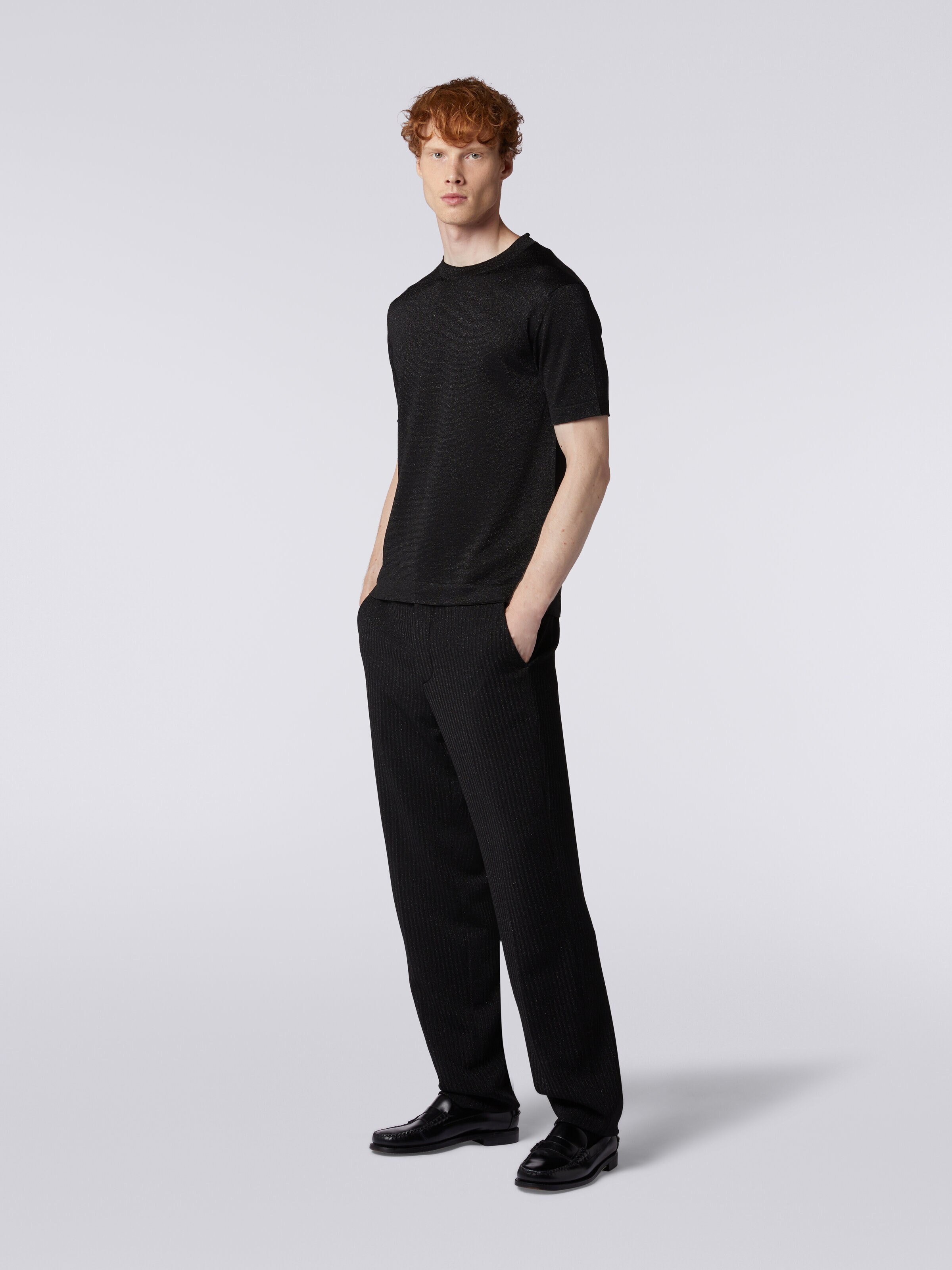 Pantaloni chino in viscosa con lurex, Nero    - 2