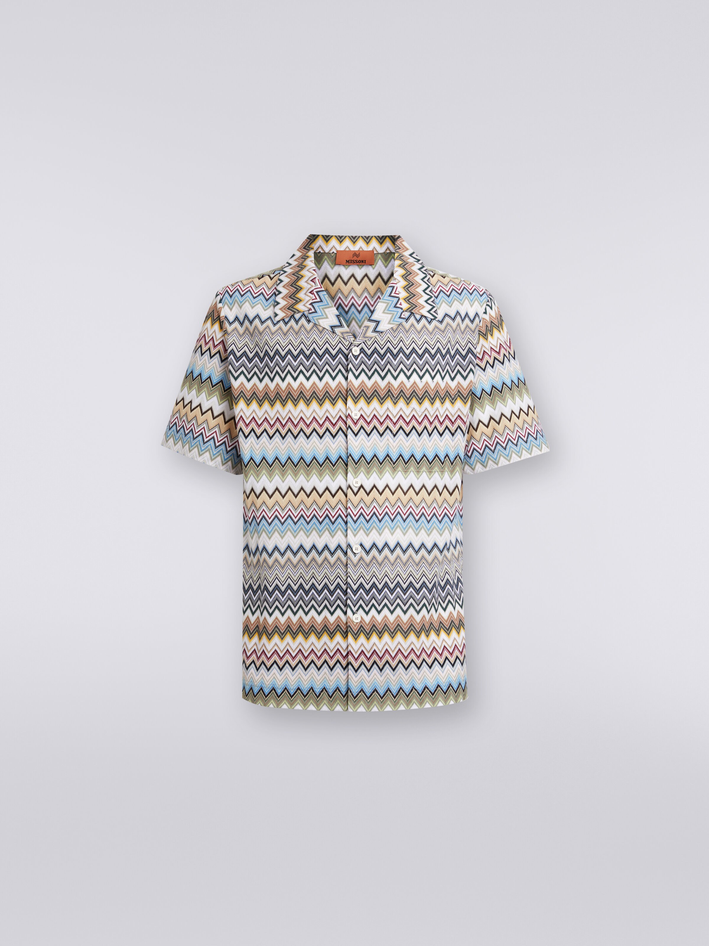 Short-sleeved bowling shirt in zigzag cotton, Multicoloured  - 0