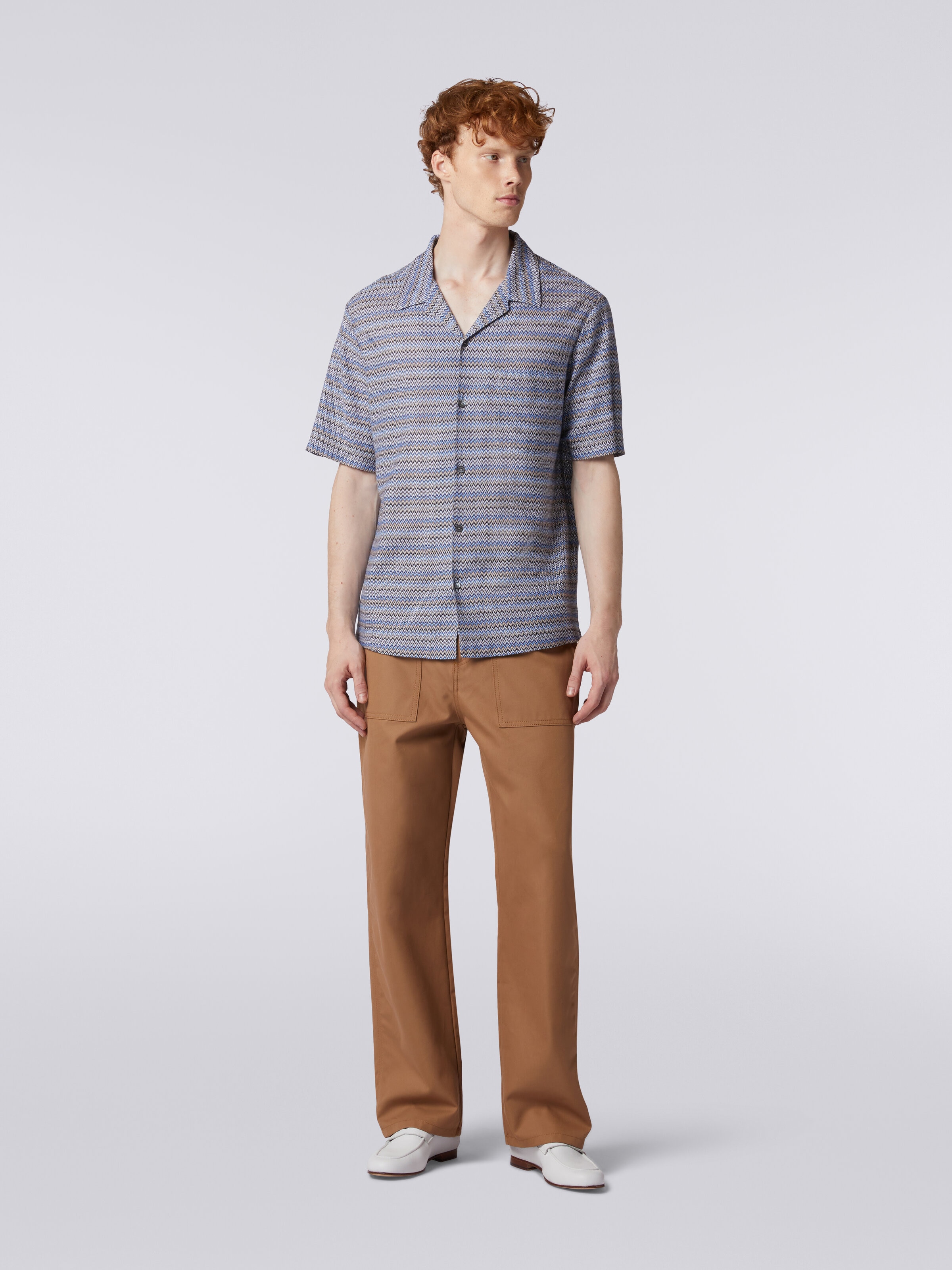 Short-sleeved zigzag bowling shirt, Blue - 1