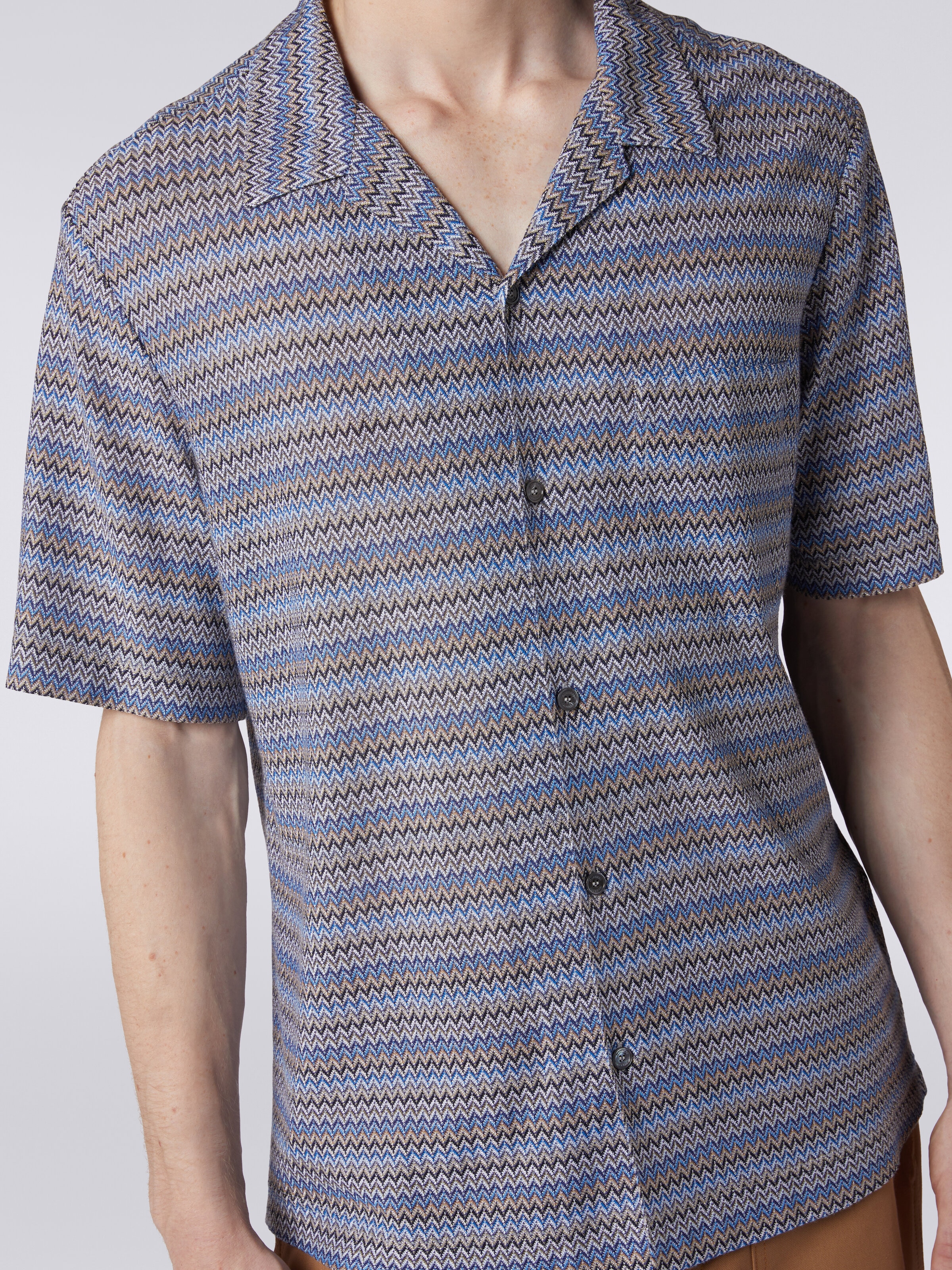 Kurzärmeliges Hemd im Bowling-Stil mit Zickzackmuster, Blau - 4