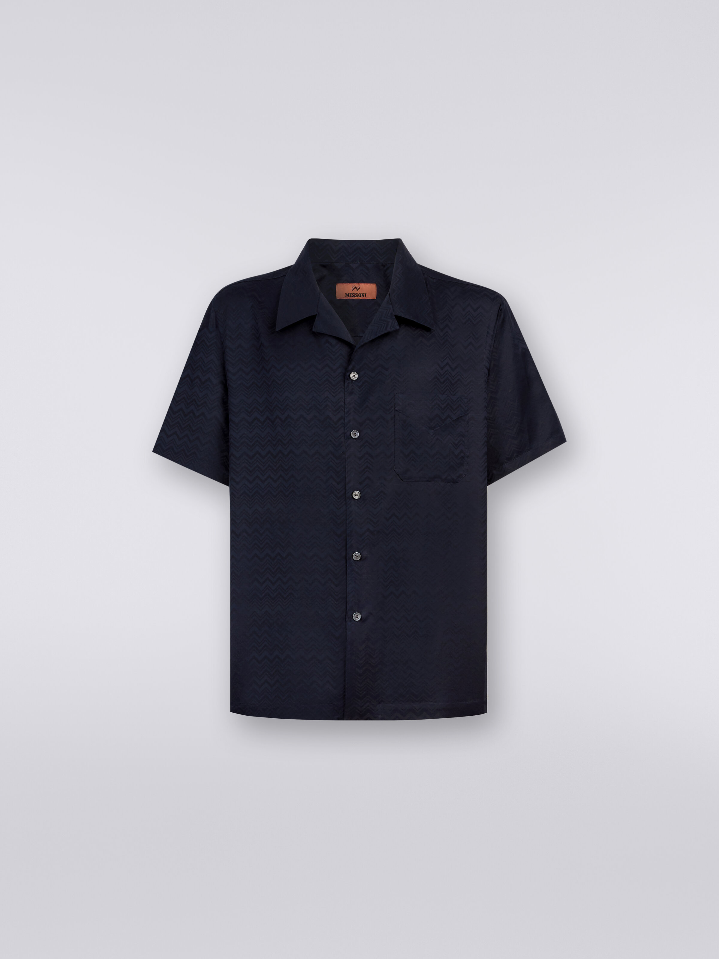 Short-sleeved chevron cotton blend bowling shirt, Dark Blue - 0