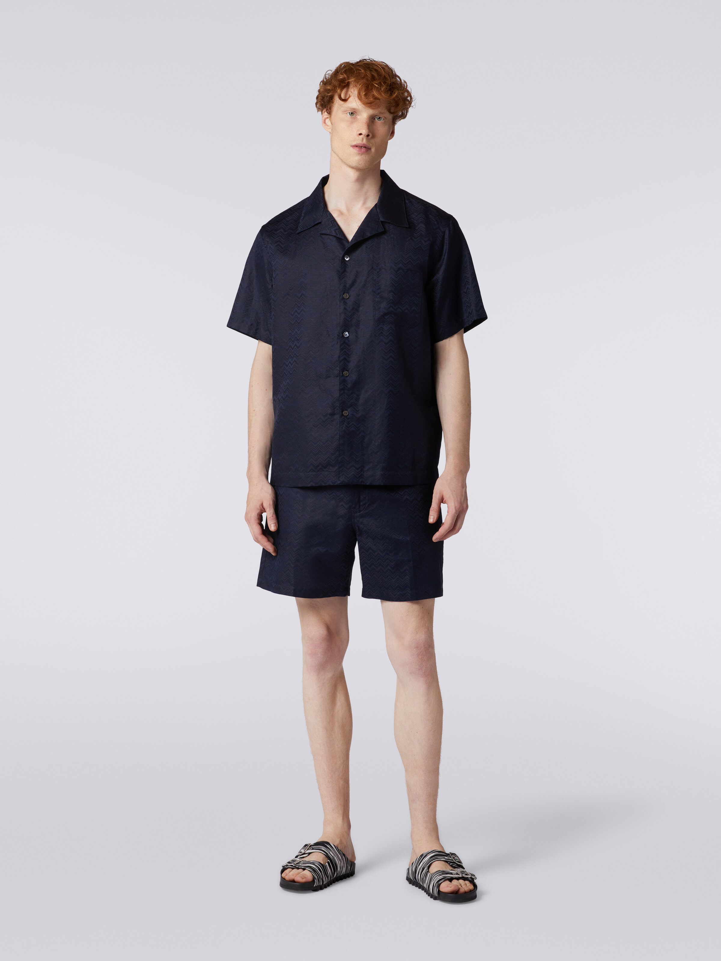 Short-sleeved chevron cotton blend bowling shirt, Dark Blue - 1