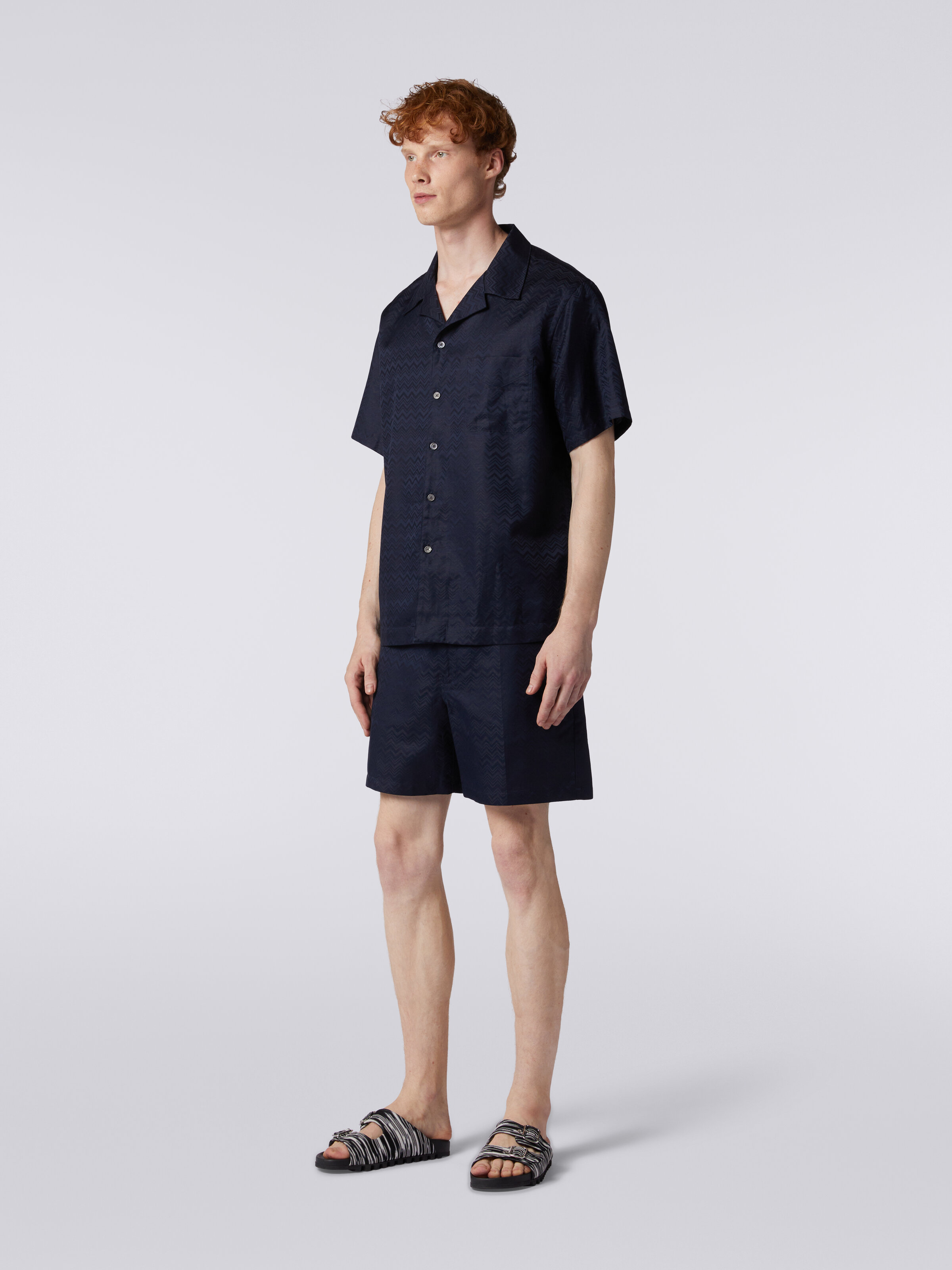 Short-sleeved chevron cotton blend bowling shirt, Dark Blue - 2