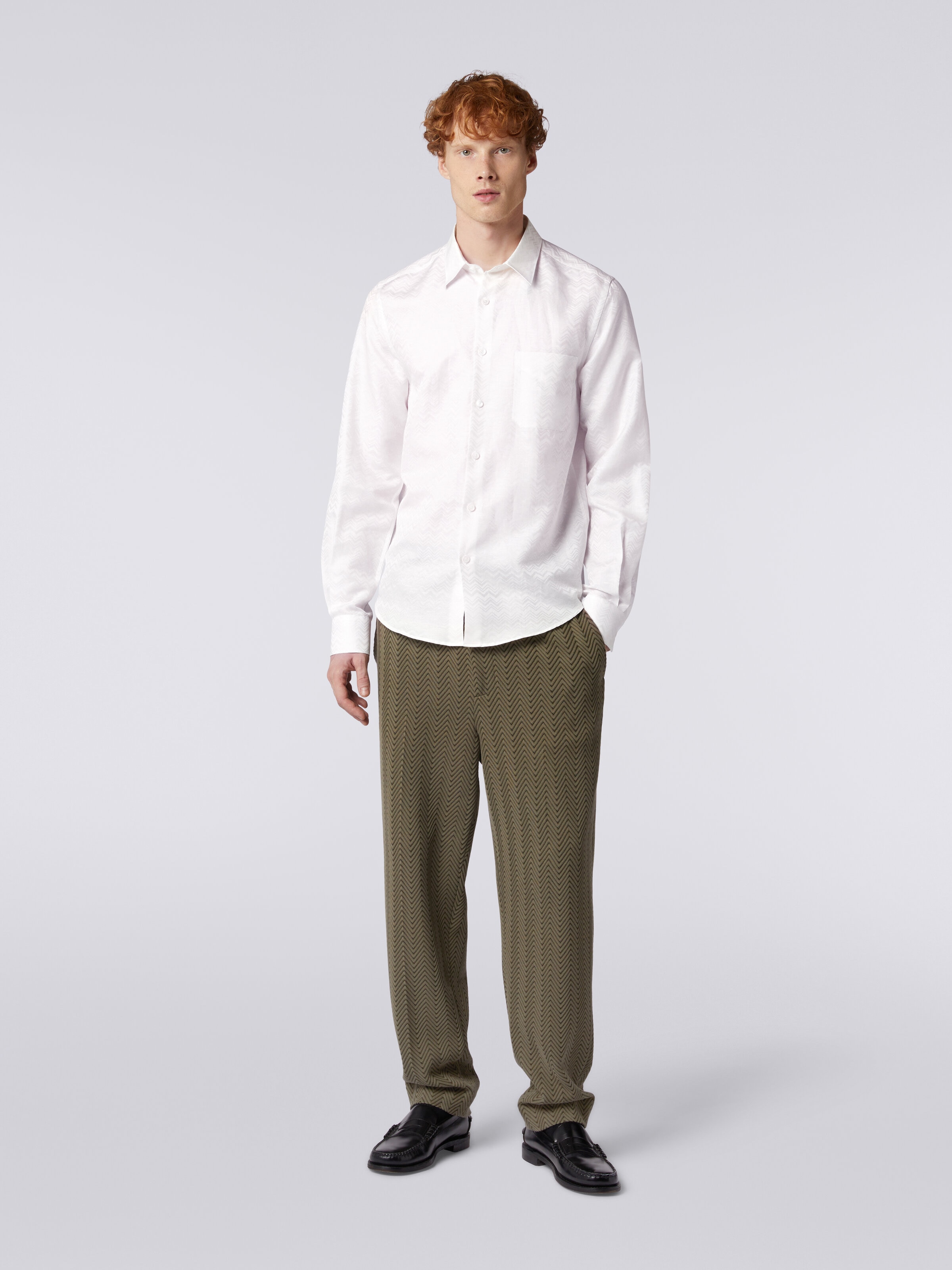Chemise à manches longues en coton mélangé avec motif zig zag, Blanc  - 1