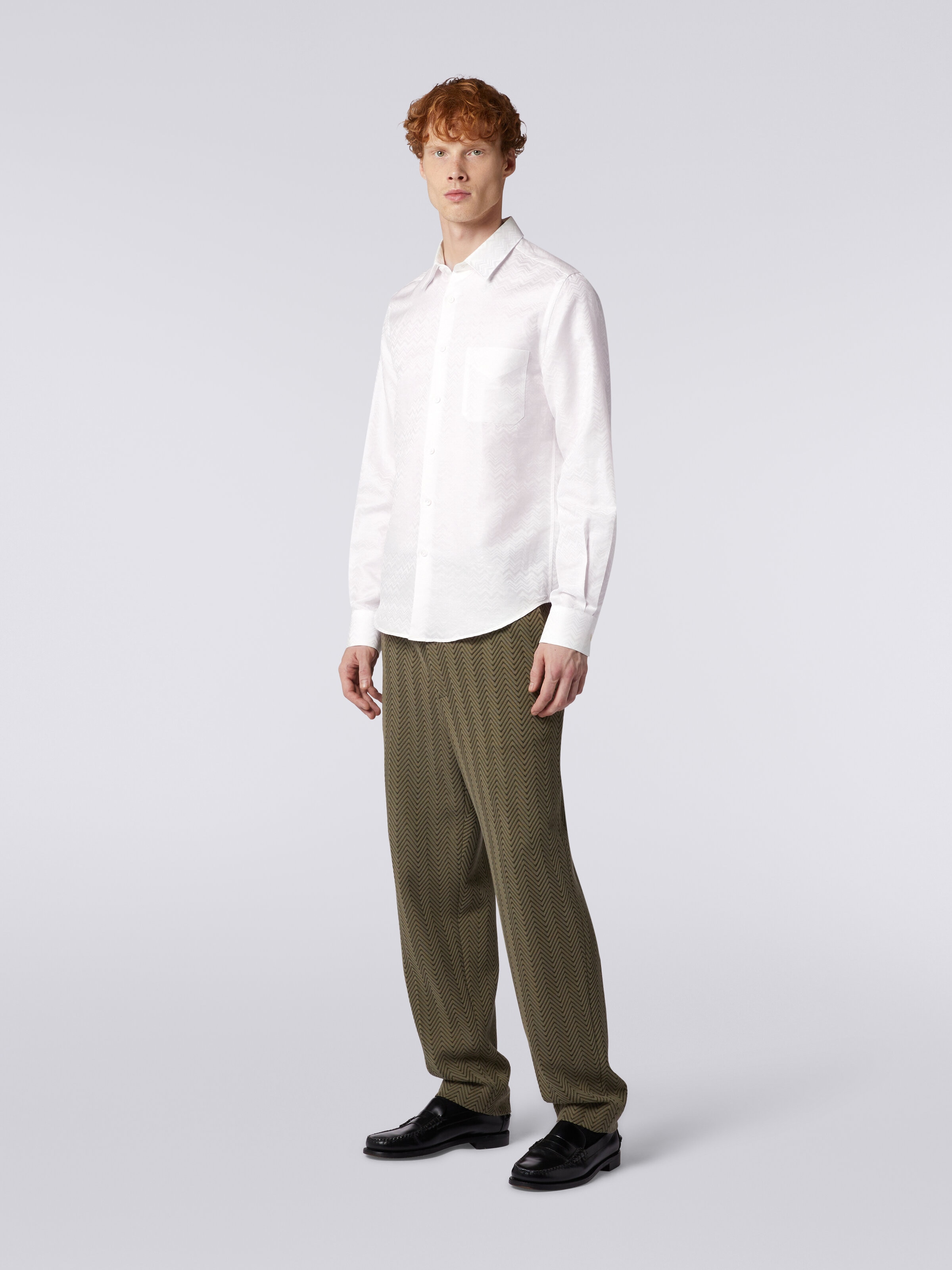 Camicia a maniche lunghe in misto cotone con motivo zig zag, Bianco  - 2