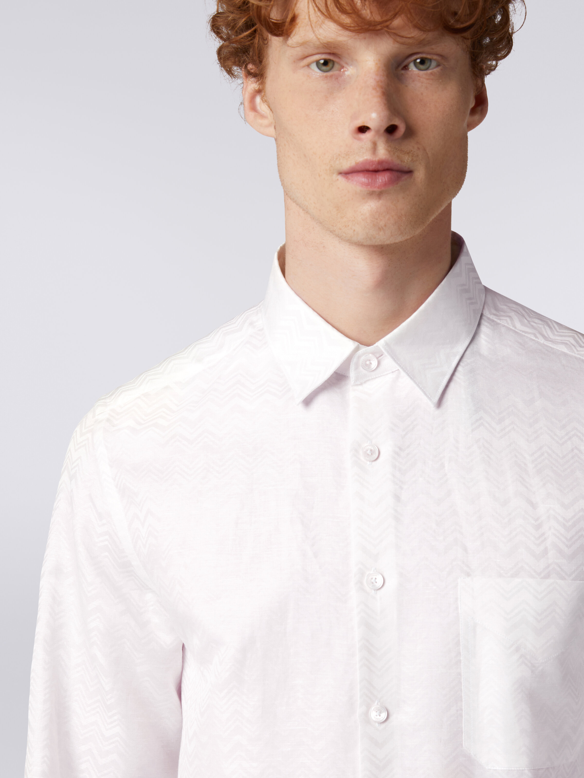 Camisa de manga larga de mezcla algodón con motivo zigzag, Blanco  - 4